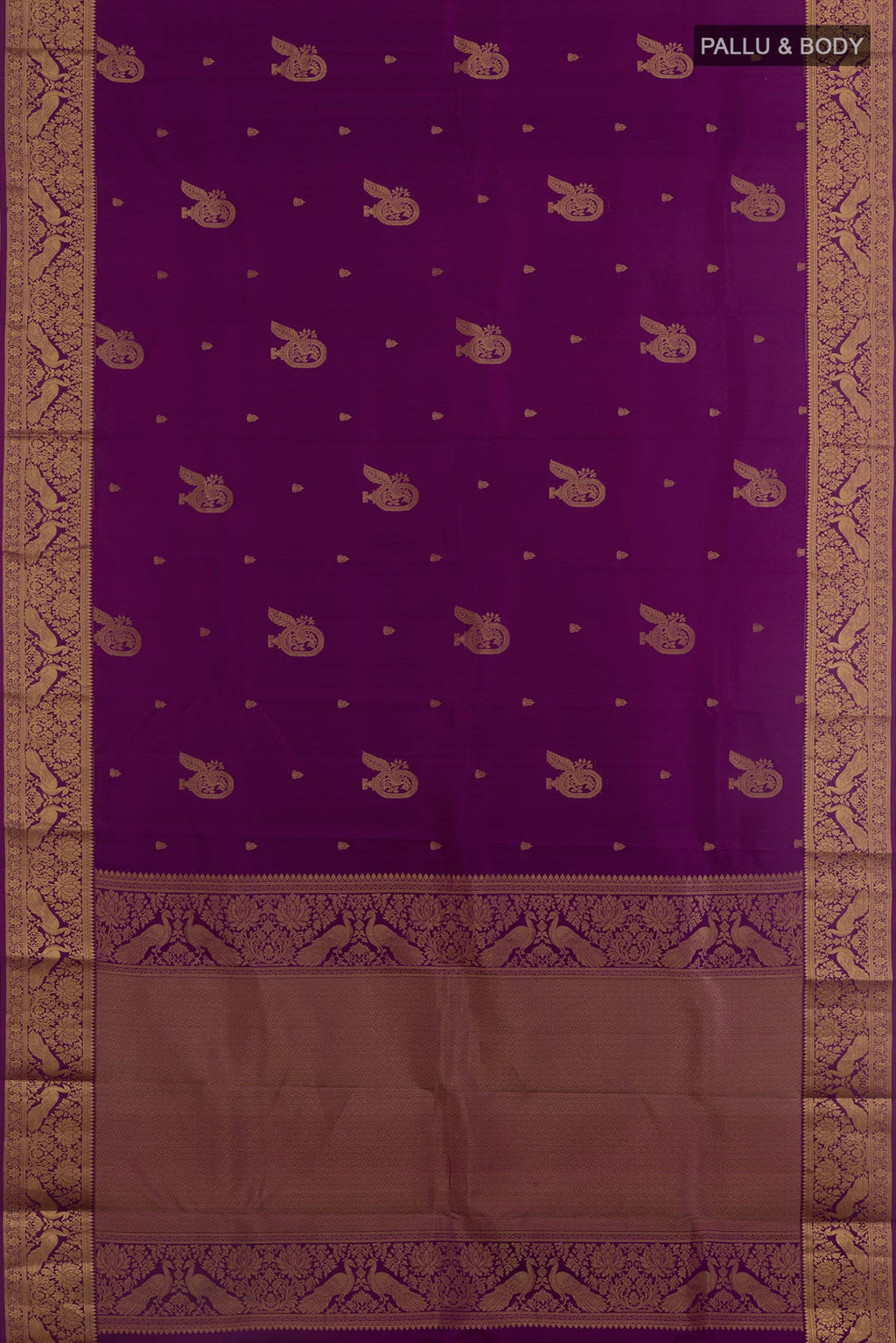 Flat view of Purple Kanjivaram Silk Saree with Zari Butta on the body and Zari Border. 