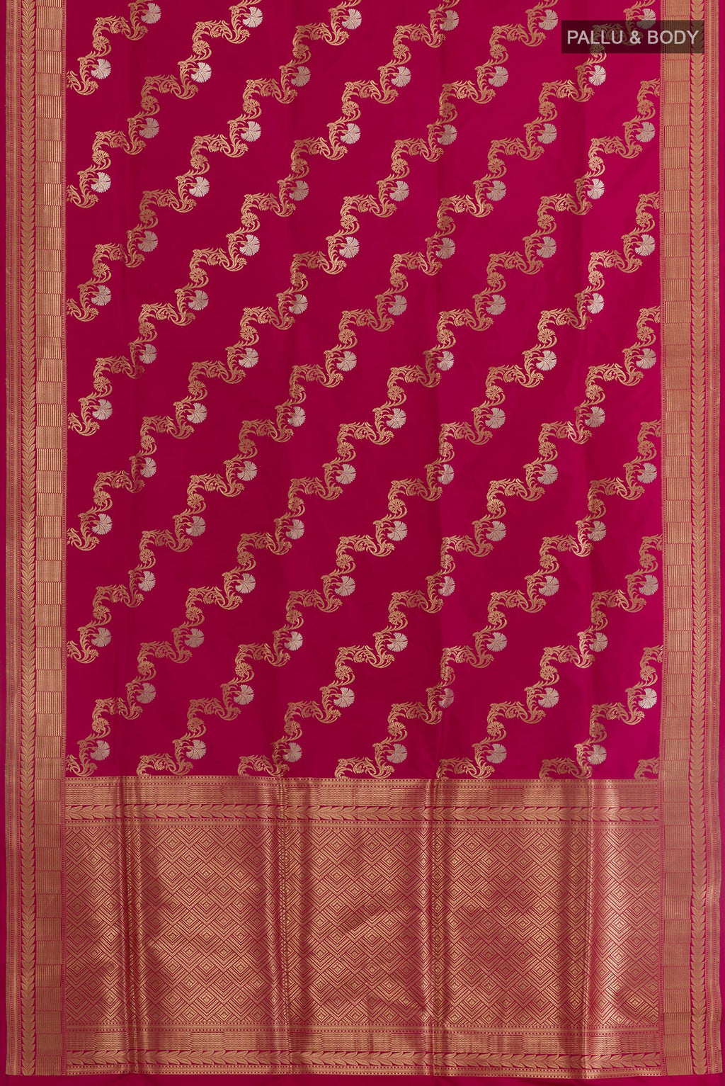 Flat view of Magenta Banarasi Silk Saree with Zari Butta on the body and Zari Border. 