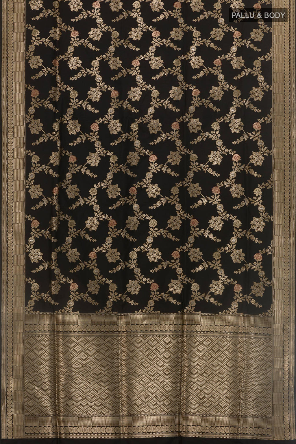 Flat view of Black Banarasi Silk Saree with Zari Butta on the body and Zari Border. 