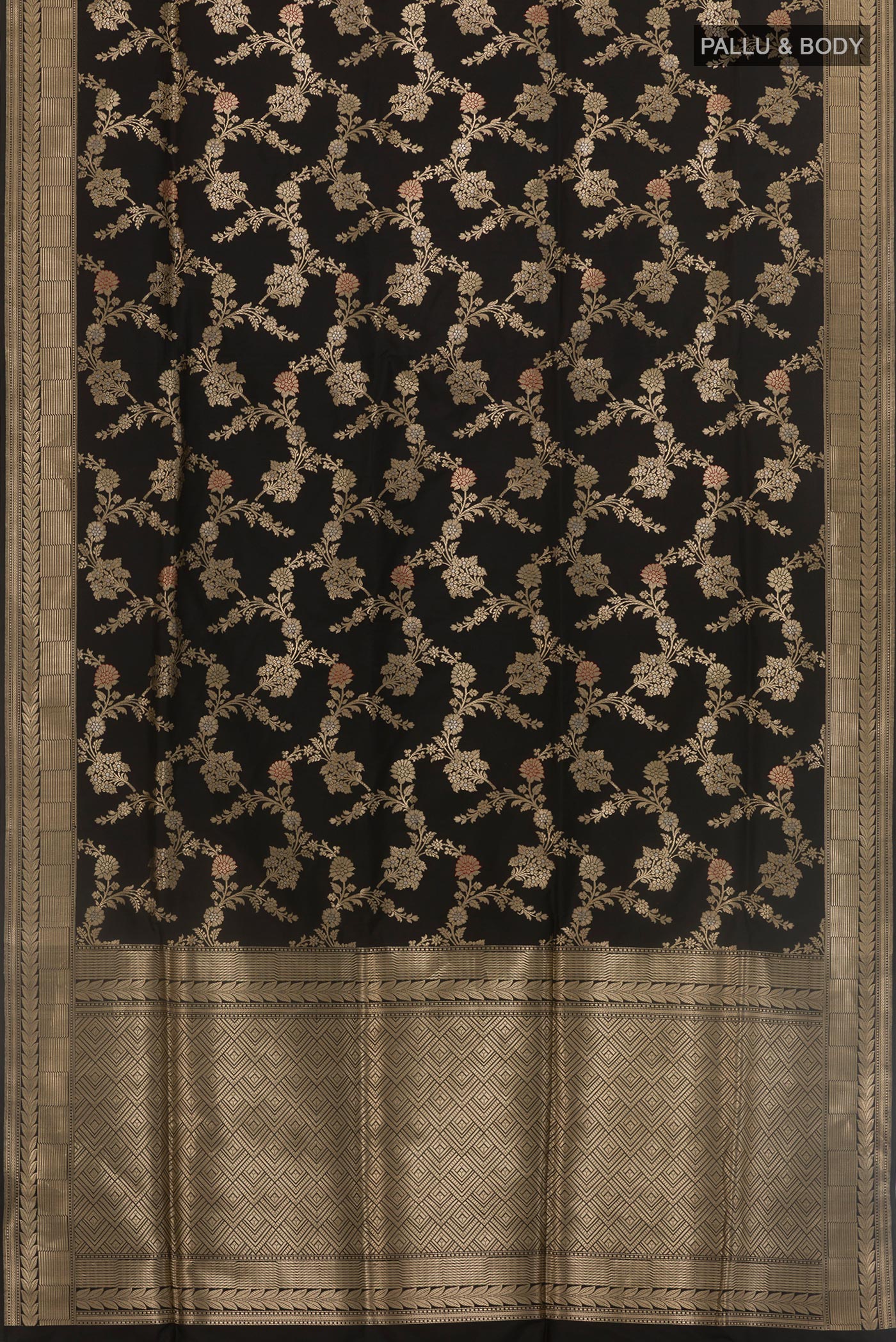 Flat view of Black Banarasi Silk Saree with Zari Butta on the body and Zari Border. 