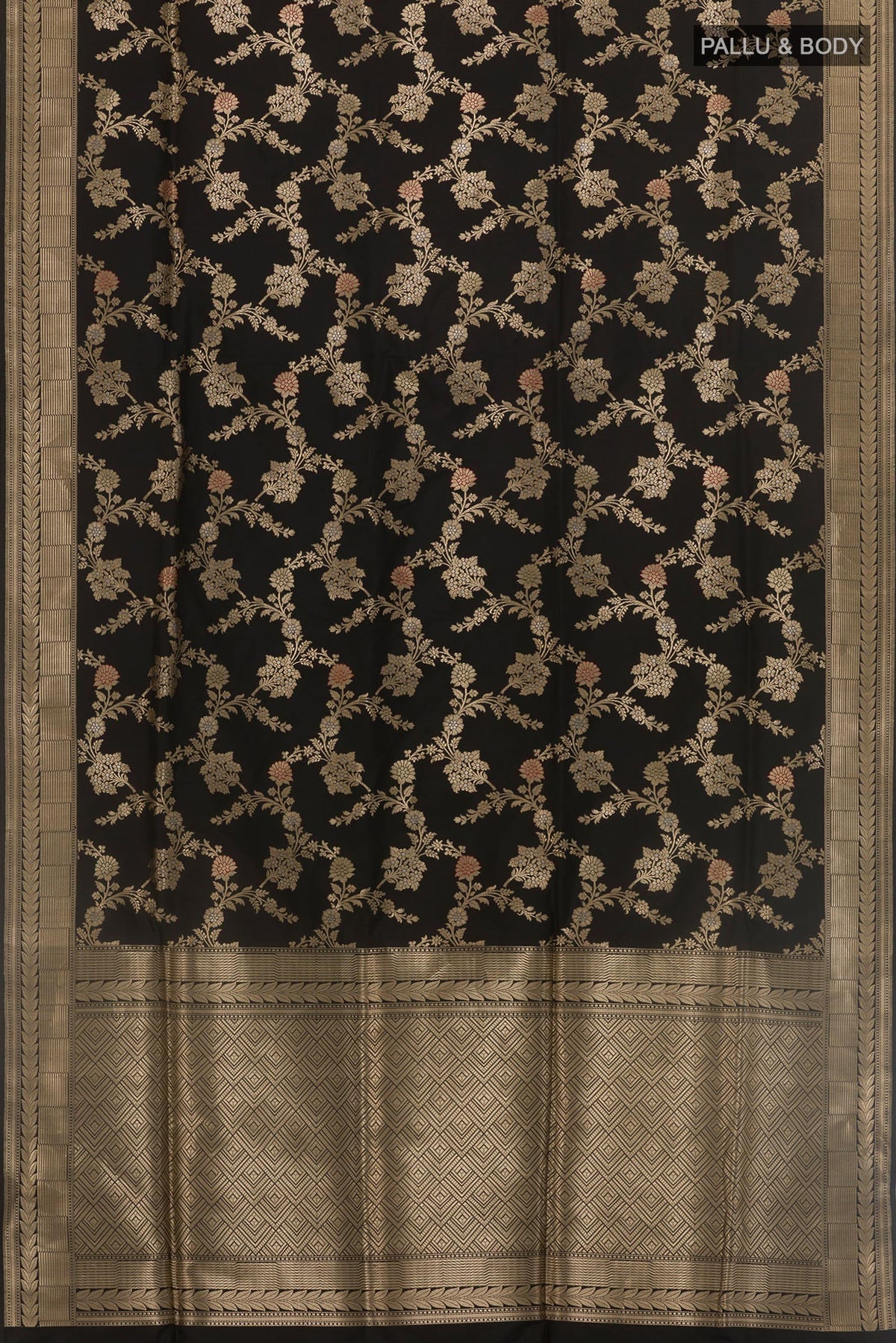 Flat view of Black Banarasi Silk Saree with Zari Butta on the body and Zari Border. 