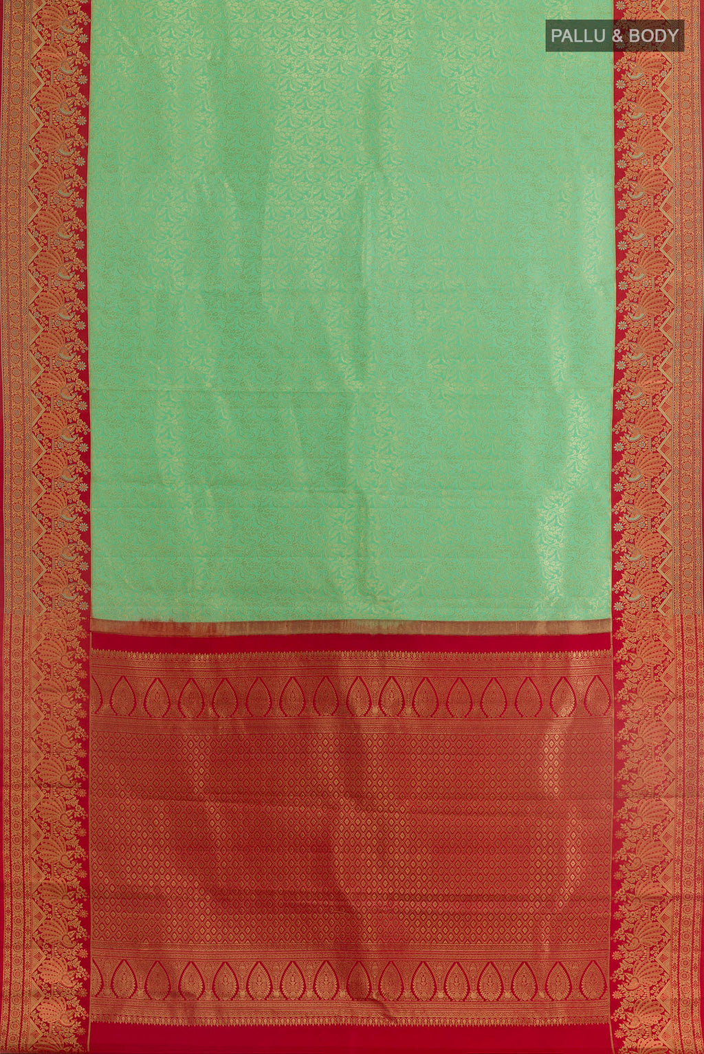 Flat view of Sea Green Kanjivaram Silk Saree with Zari Brocade on the body and Zari Border. 