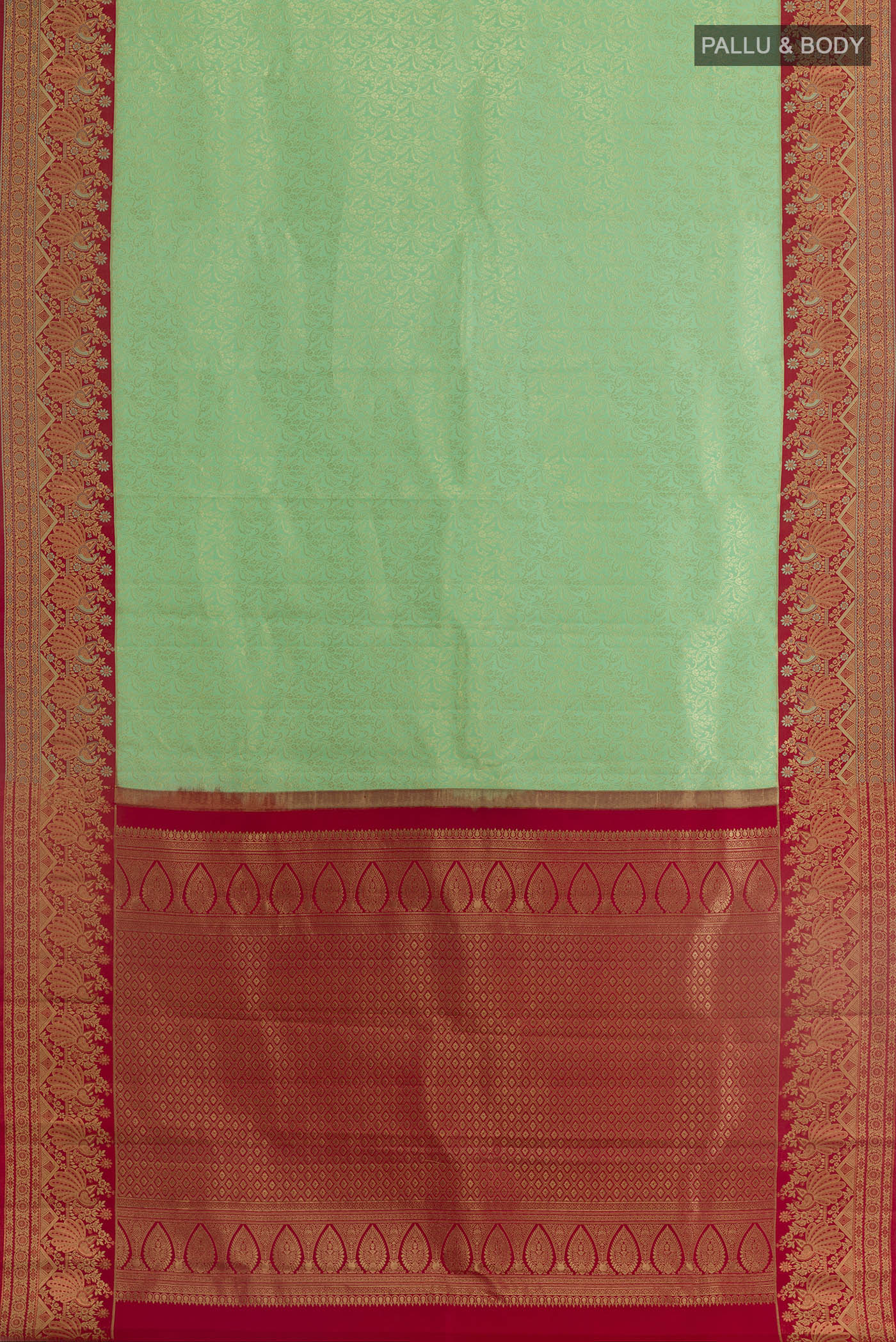 Flat view of Sea Green Kanjivaram Silk Saree with Zari Brocade on the body and Zari Border. 