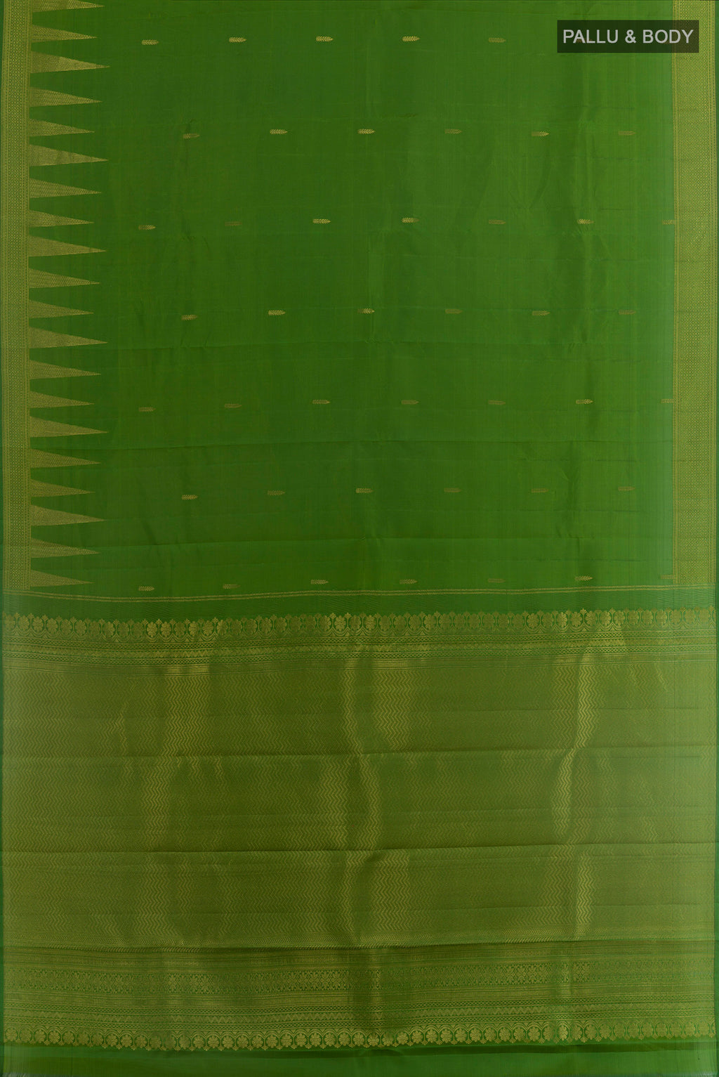 Flat view of Green Kanchipuram Silk Saree with Zari Butta on the body and Zari Border. 