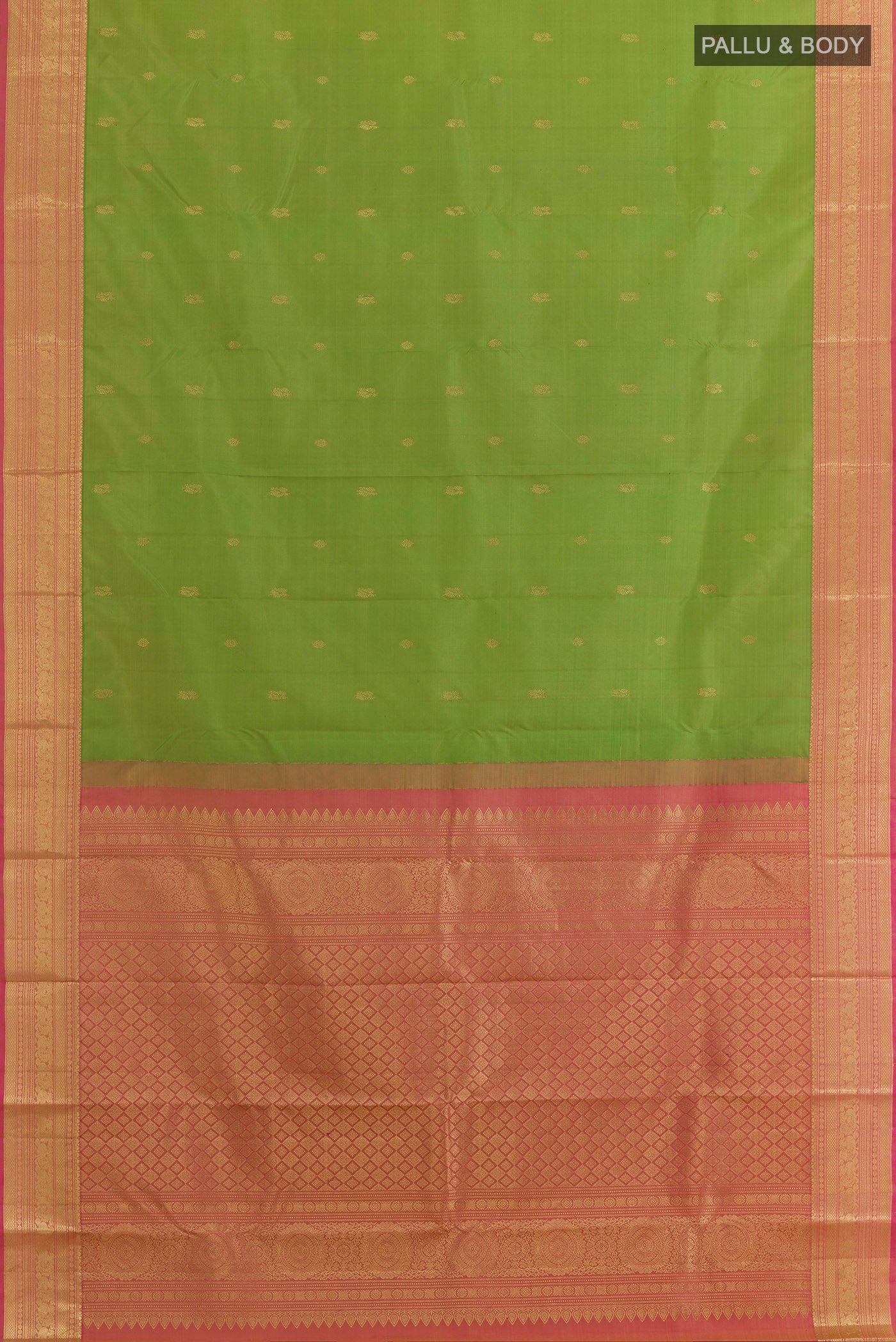 Flat view of Green Kanchipuram Silk Saree with Zari Butta on the body and Zari Border. 