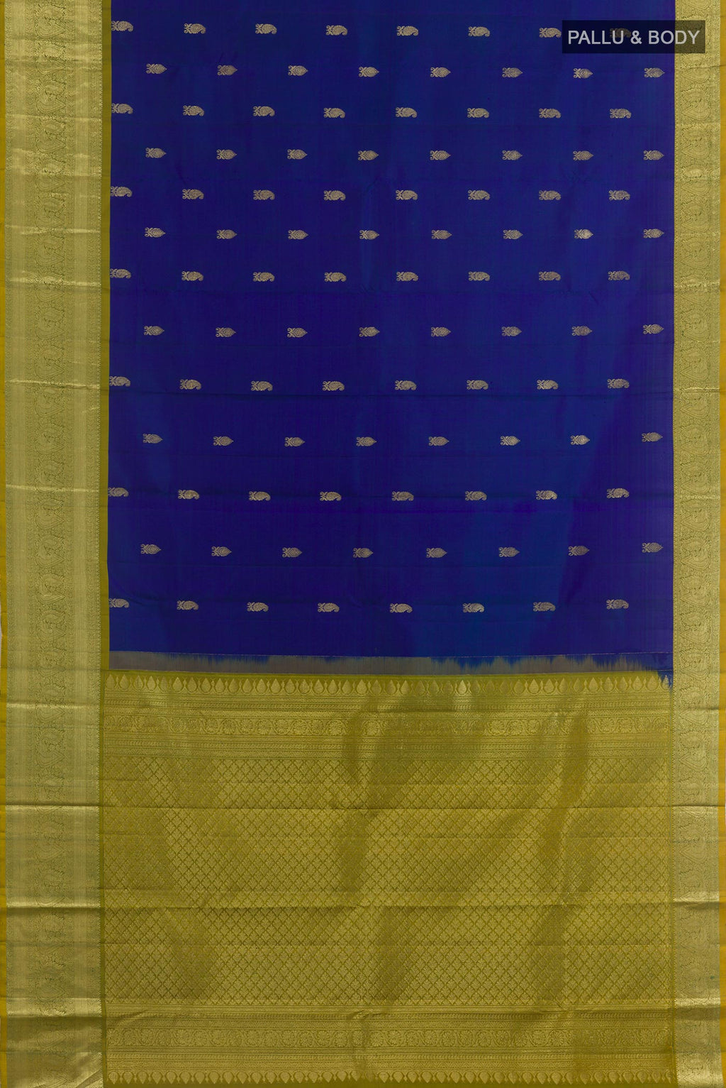 Flat view of Blue Kanchipuram Silk Saree with Zari Butta on the body and Zari Border. 