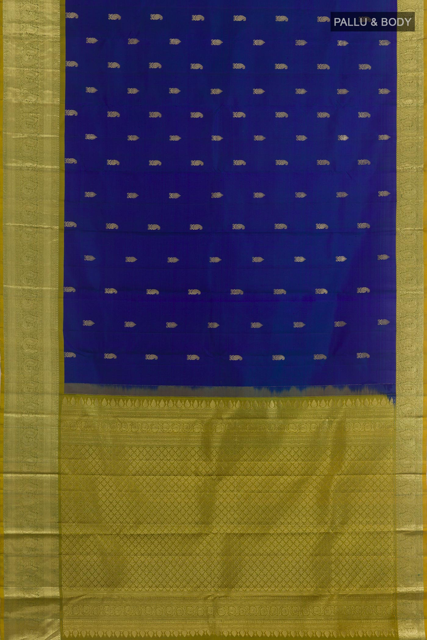 Flat view of Blue Kanchipuram Silk Saree with Zari Butta on the body and Zari Border. 