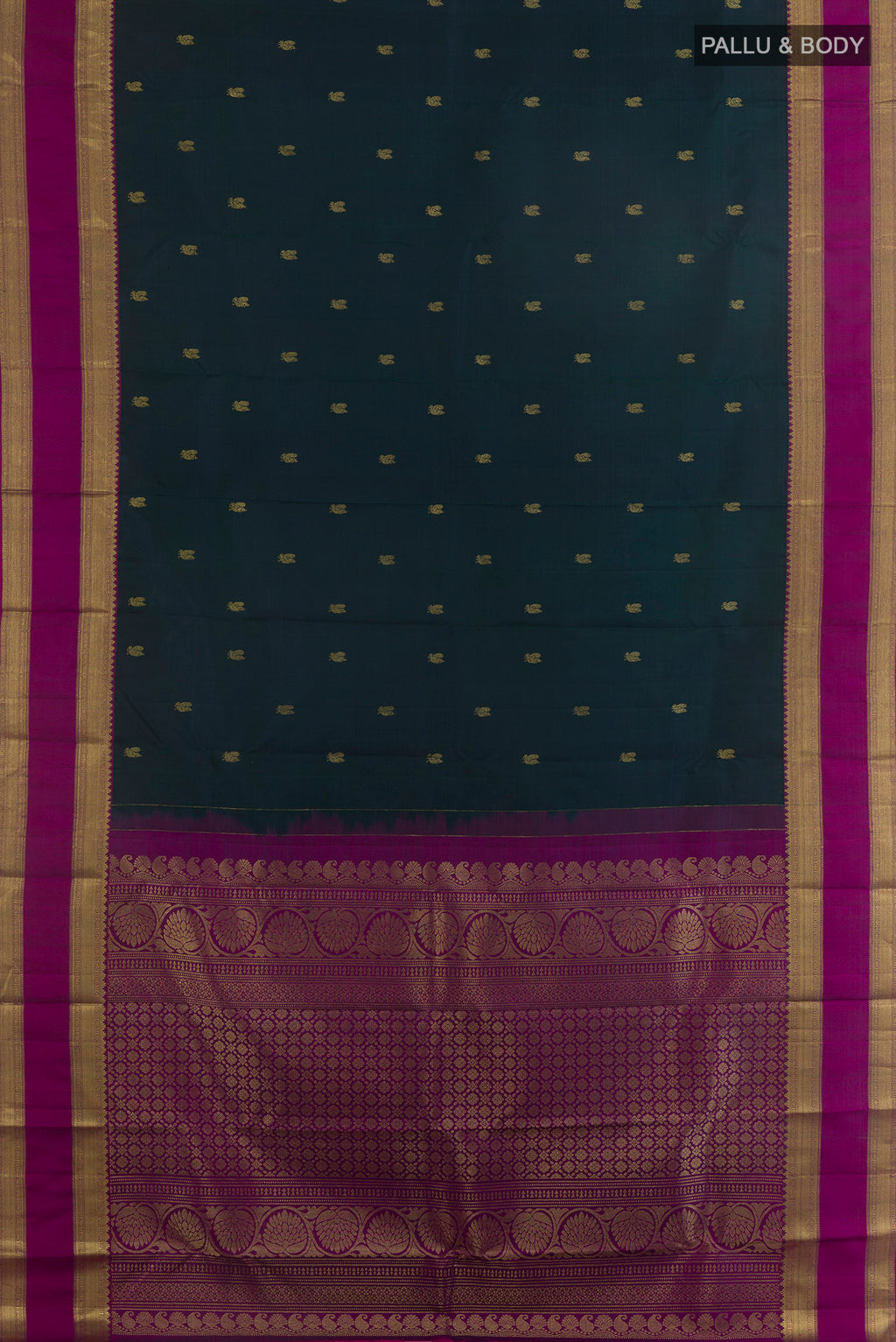 Flat view of Pure Silk Green Kanchipuram Saree with Zari Butta on the body and Zari Border. 