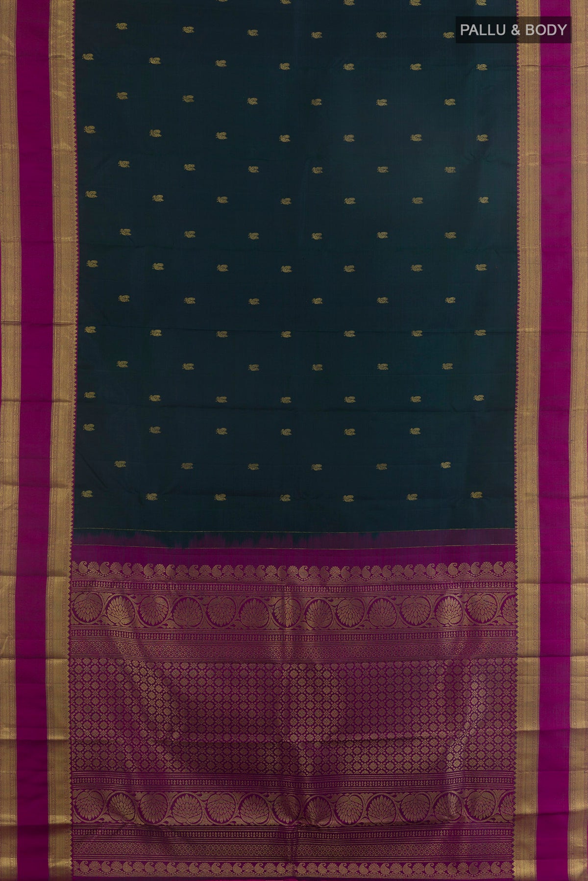 Flat view of Pure Silk Green Kanchipuram Saree with Zari Butta on the body and Zari Border. 