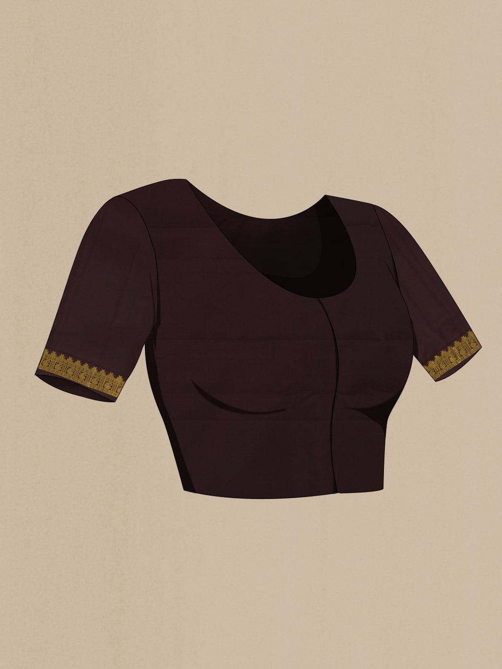Close up image of the blouse of Brown Kanchipuram Silk Saree with Zari Butta on the body and Zari Border. 