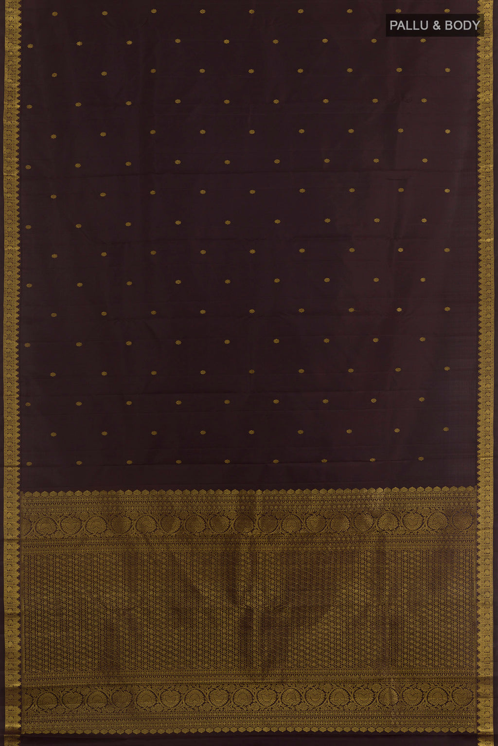 Flat view of Brown Kanchipuram Silk Saree with Zari Butta on the body and Zari Border. 