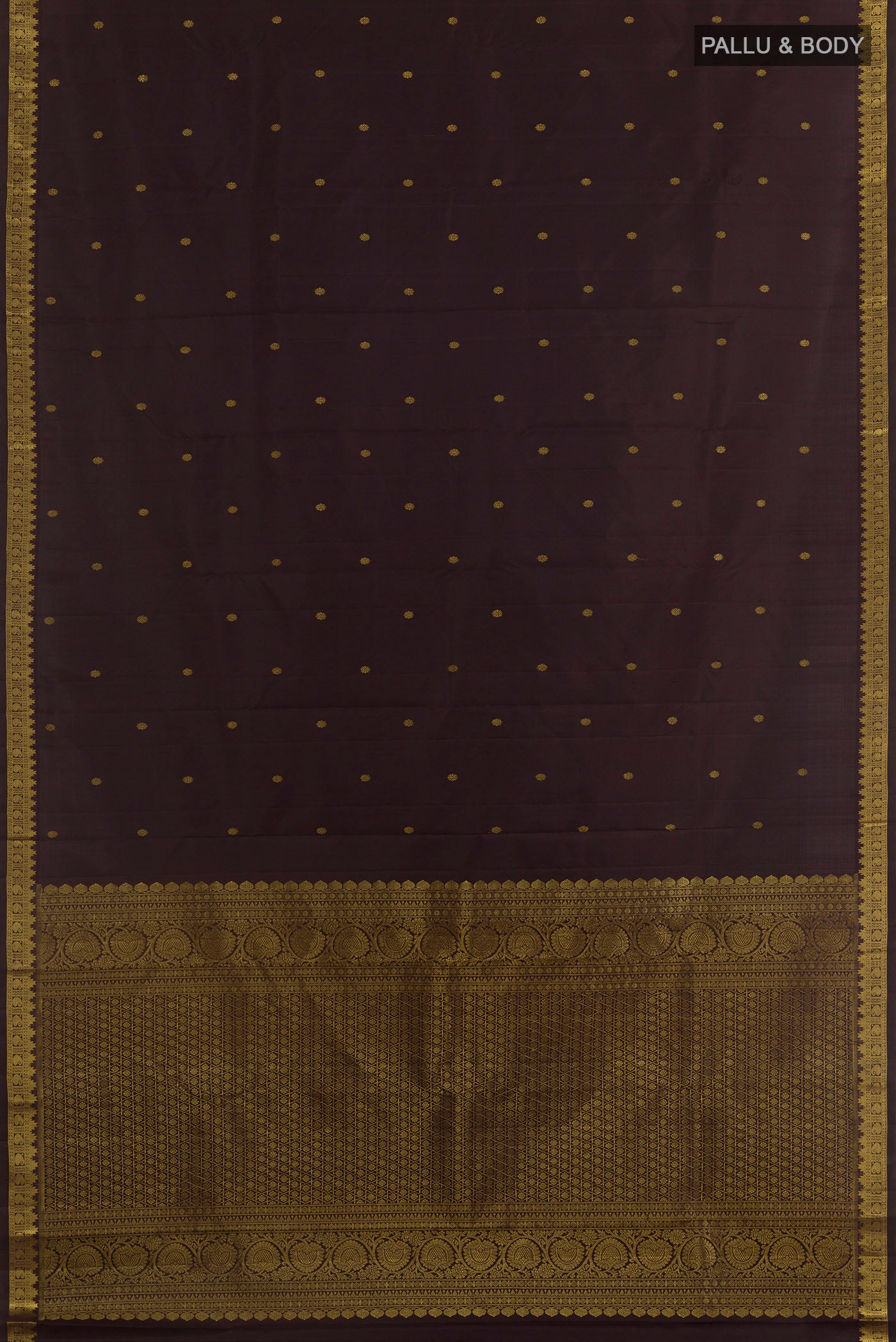 Flat view of Brown Kanchipuram Silk Saree with Zari Butta on the body and Zari Border. 