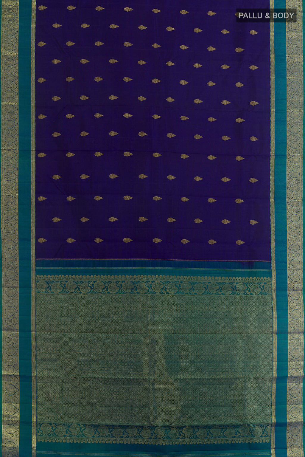 Flat view of Dark Blue Kanchipuram Silk Saree with Zari Butta on the body and Zari Border. 