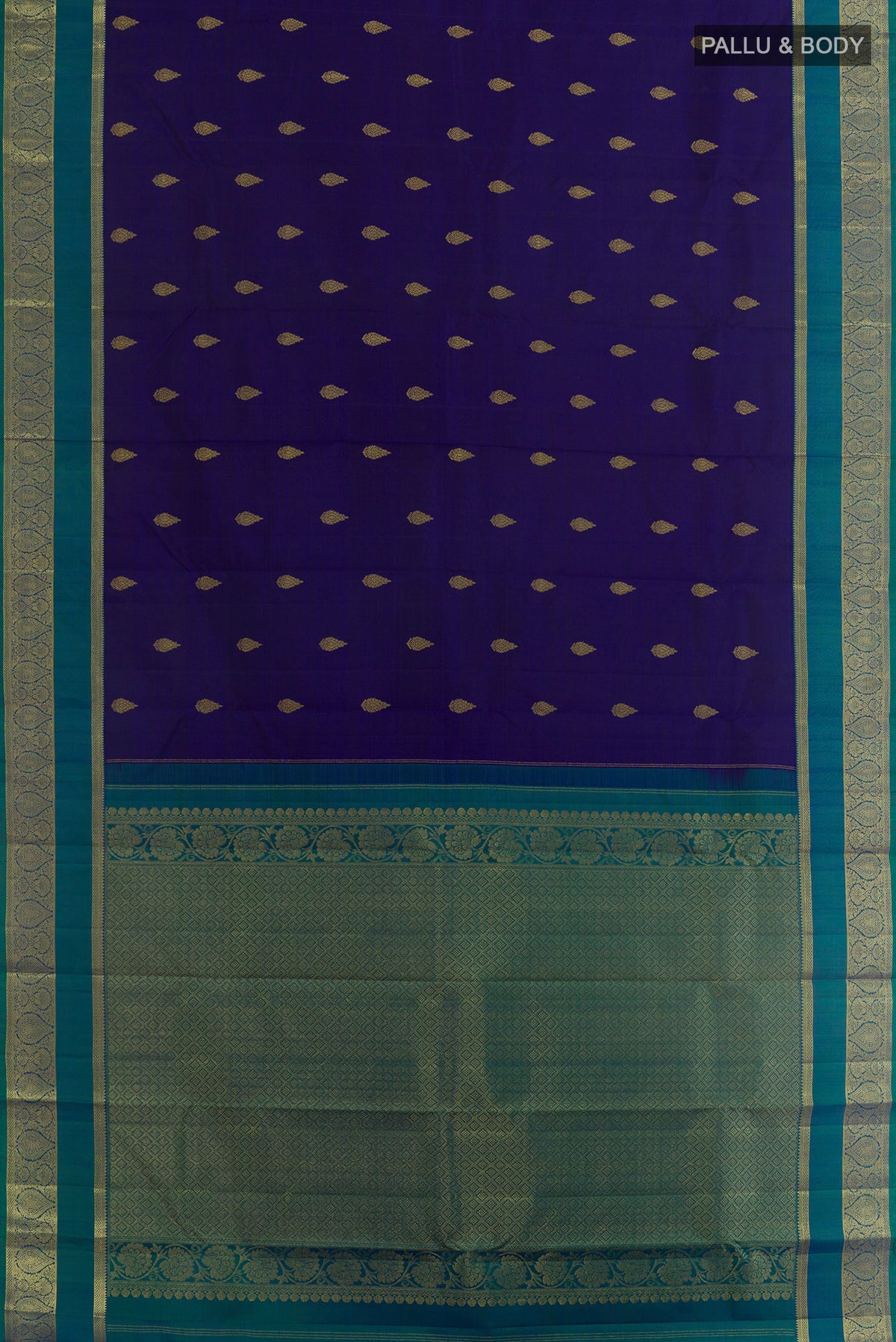 Flat view of Dark Blue Kanchipuram Silk Saree with Zari Butta on the body and Zari Border. 