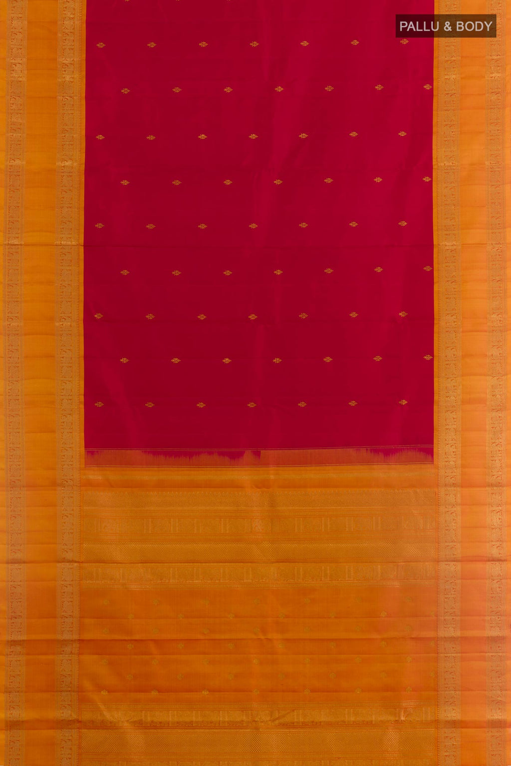 Flat view of Red Kanchipuram Silk Saree with Zari Butta on the body and Zari Border. 
