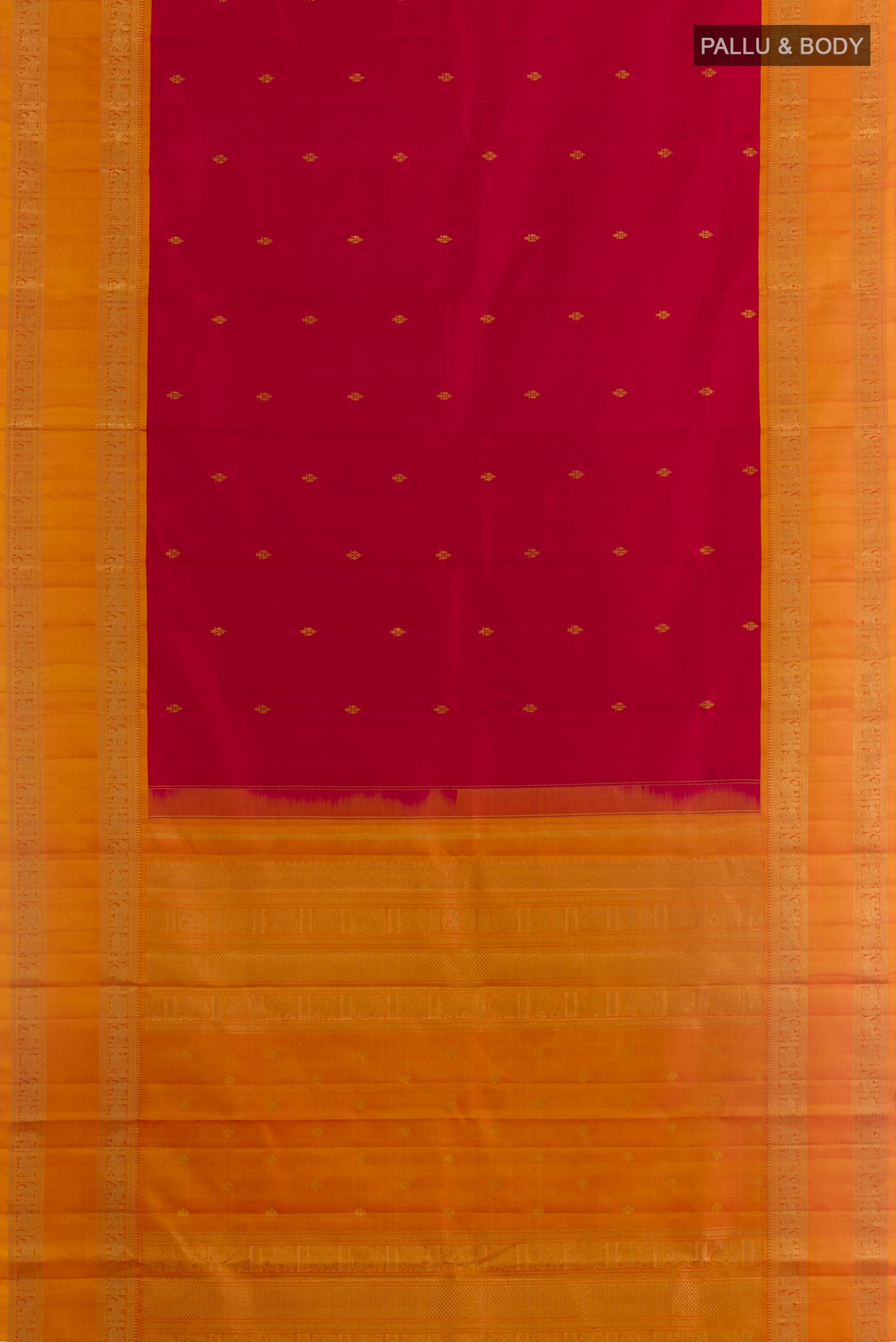 Flat view of Red Kanchipuram Silk Saree with Zari Butta on the body and Zari Border. 