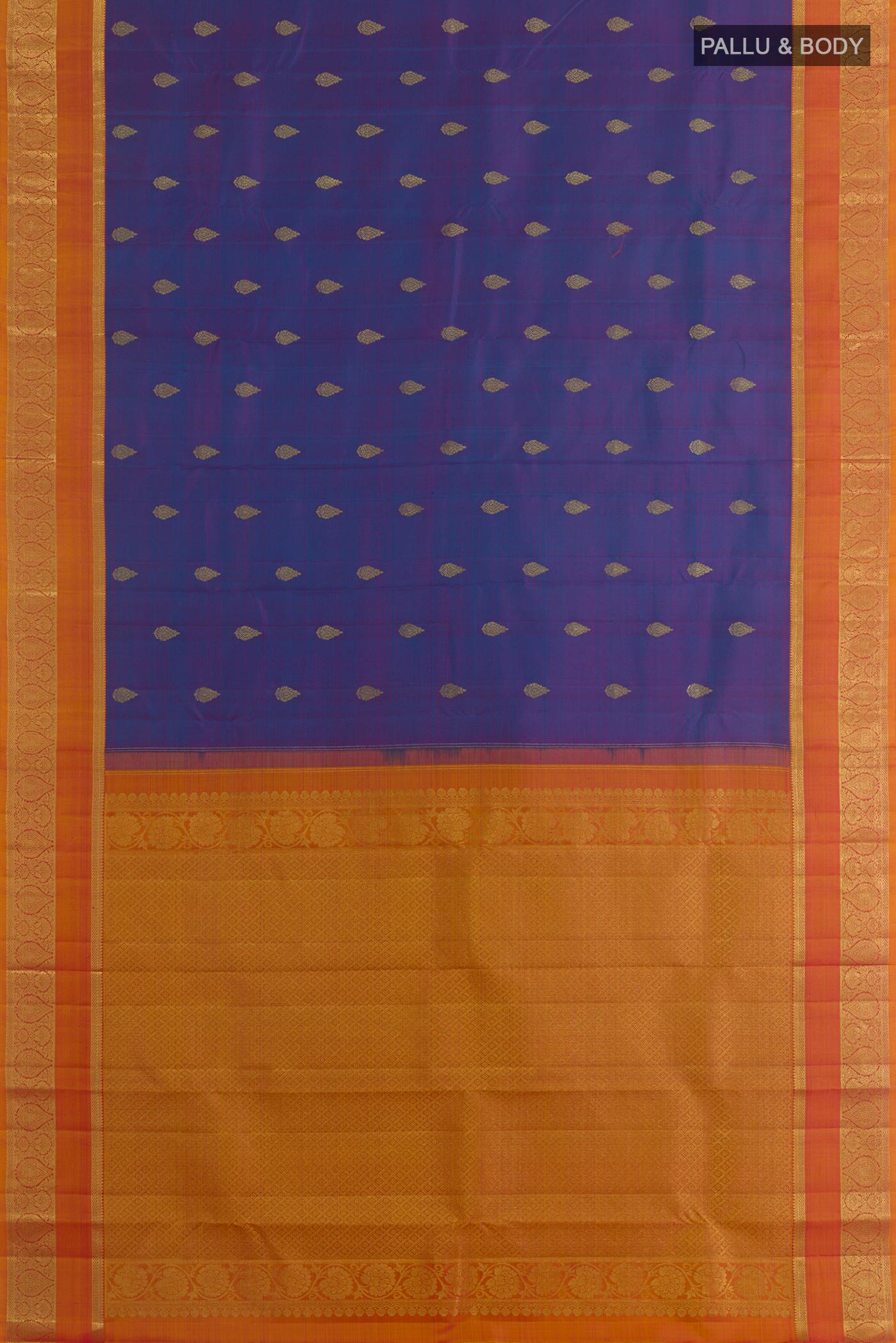 Flat view of Purple Kanchipuram Silk Saree with Zari Butta on the body and Zari Border. 