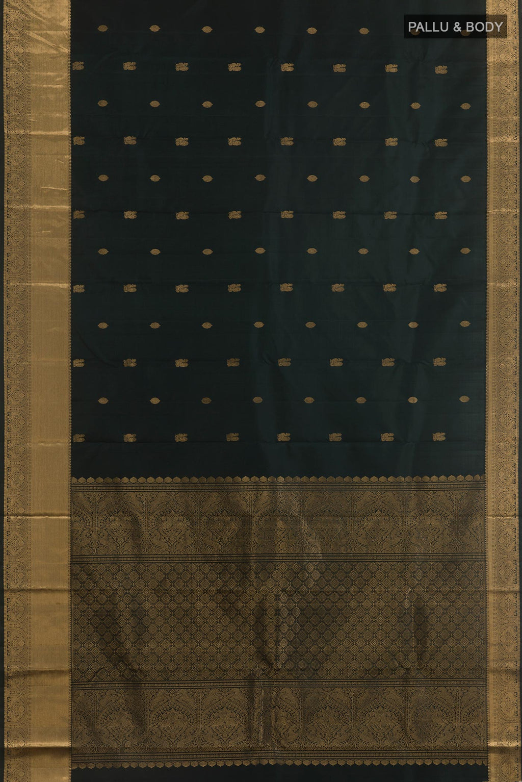 Flat view of Black Kanchipuram Silk Saree with Zari Butta on the body and Zari Border. 