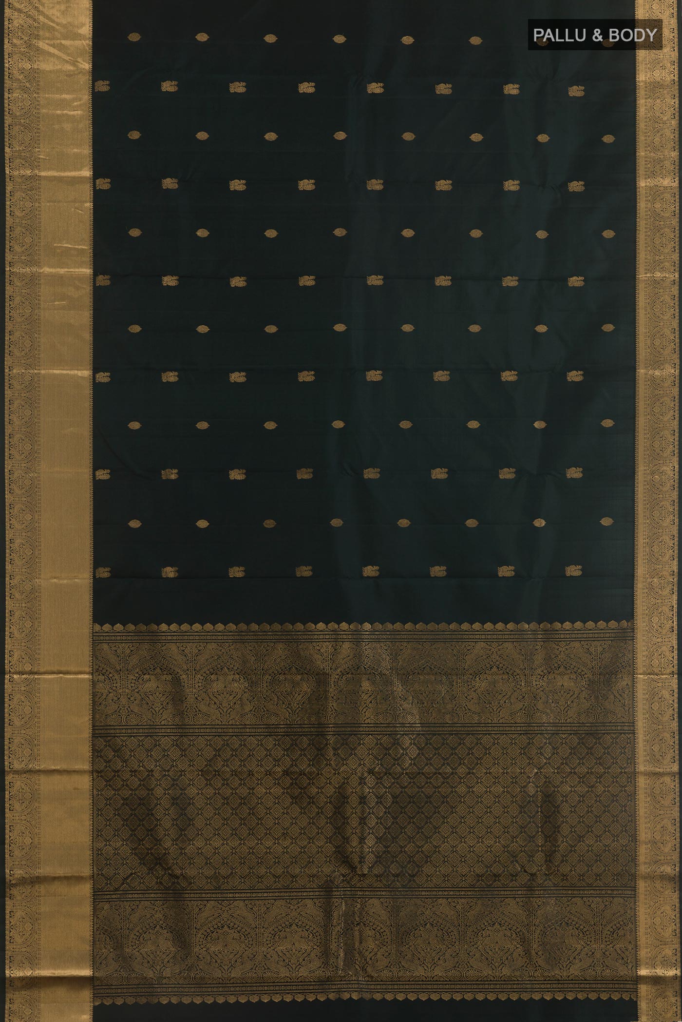 Flat view of Black Kanchipuram Silk Saree with Zari Butta on the body and Zari Border. 