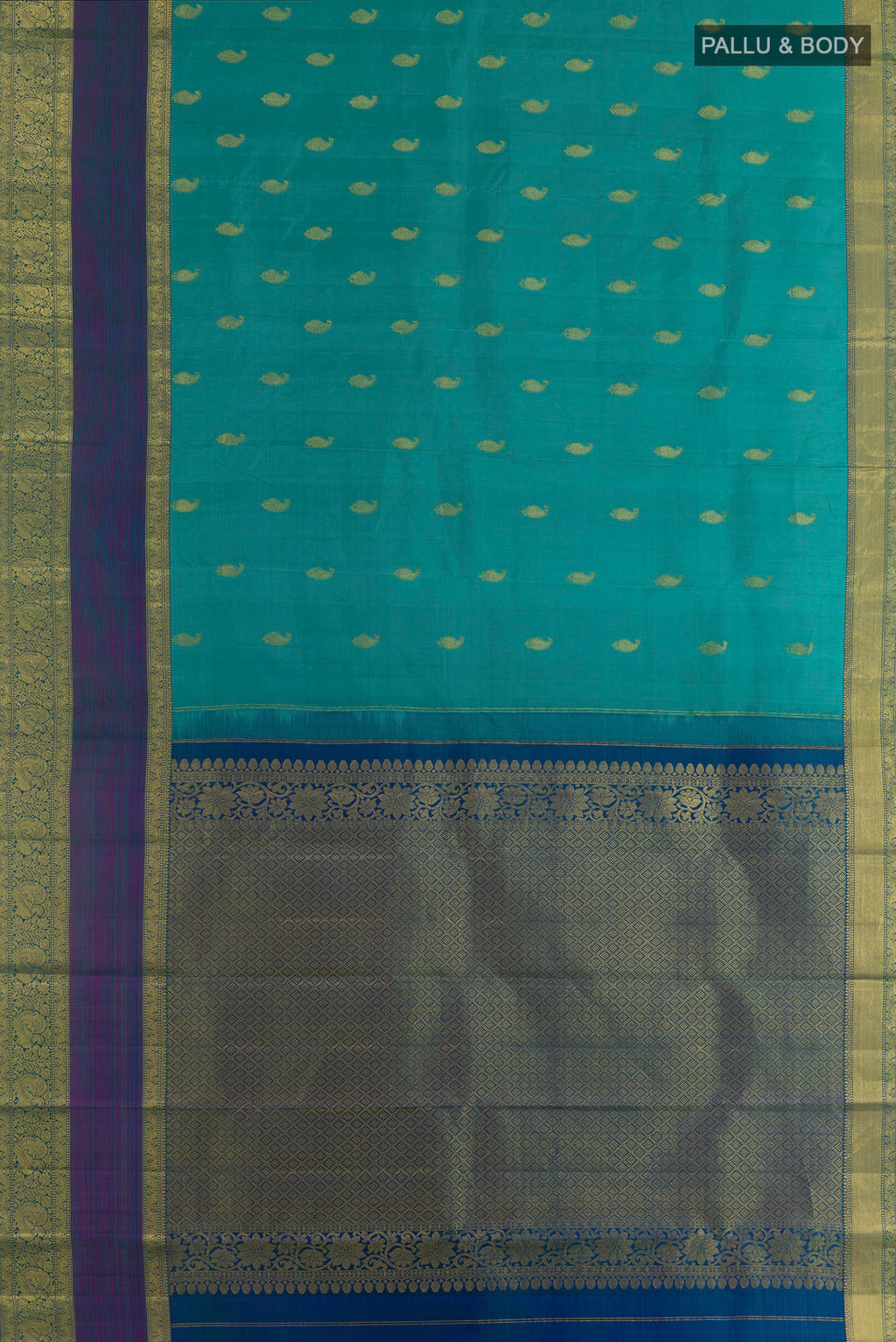 Flat view of Pure Silk Sea Green Kanchipuram Saree with Zari Butta on the body and Zari Border. 