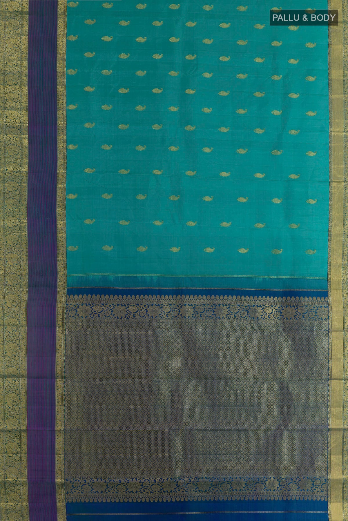 Flat view of Pure Silk Sea Green Kanchipuram Saree with Zari Butta on the body and Zari Border. 