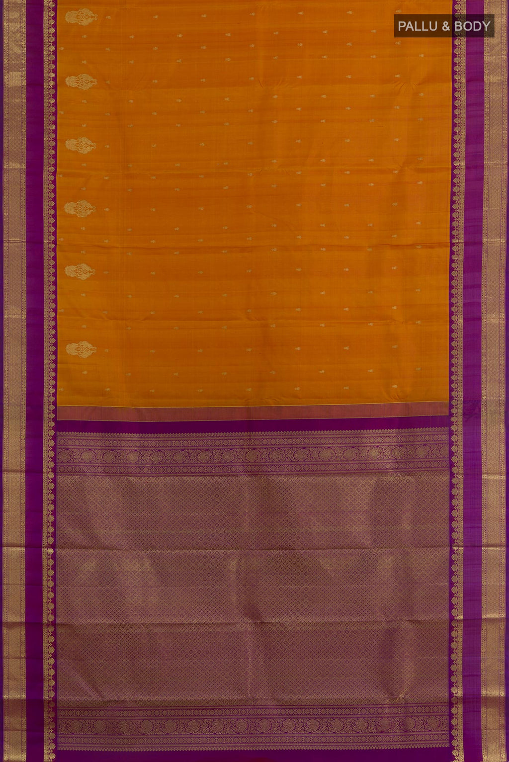 Flat view of Mustard Kanchipuram Silk Saree with Zari Brocade on the body and Zari Border. 