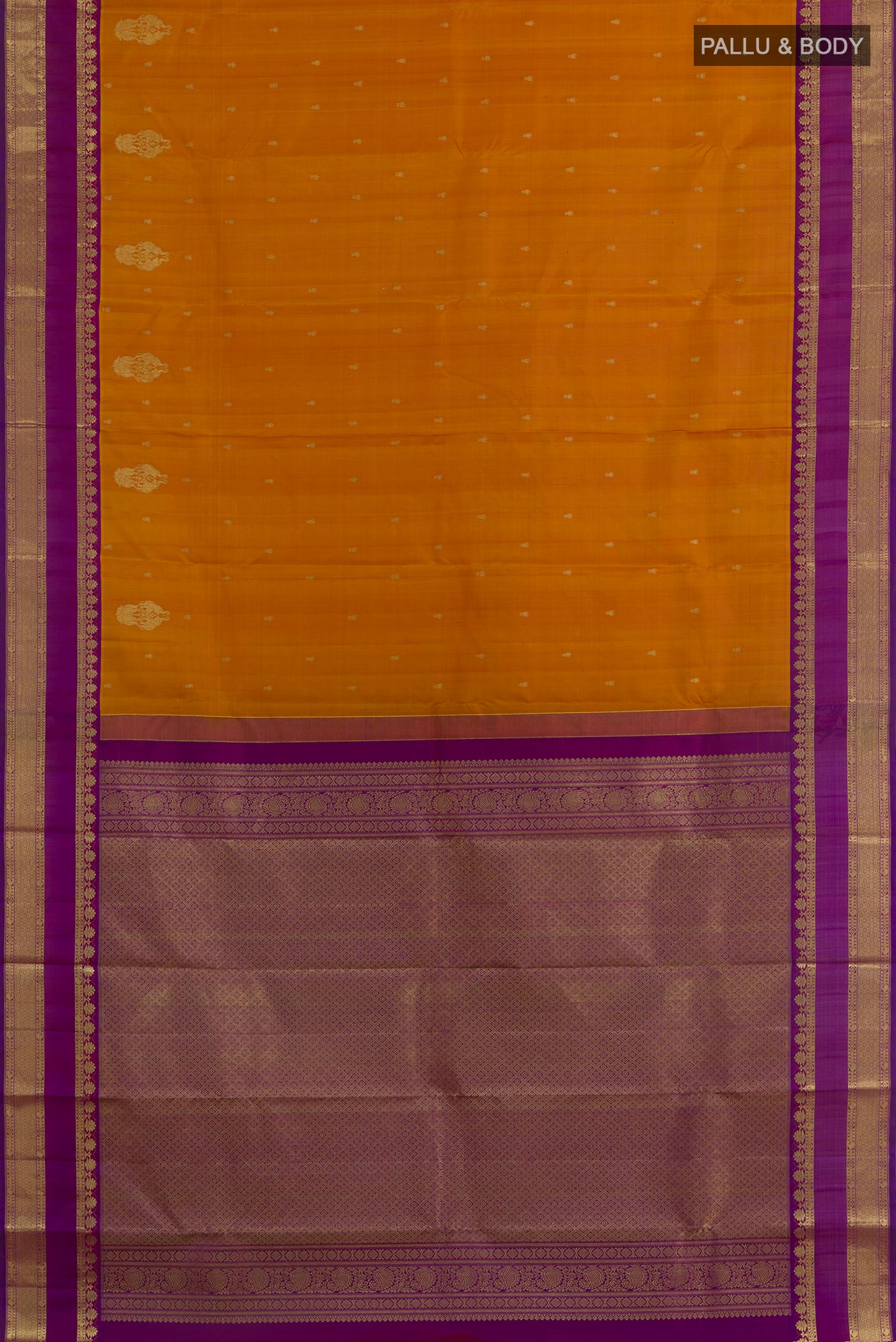 Flat view of Mustard Kanchipuram Silk Saree with Zari Brocade on the body and Zari Border. 