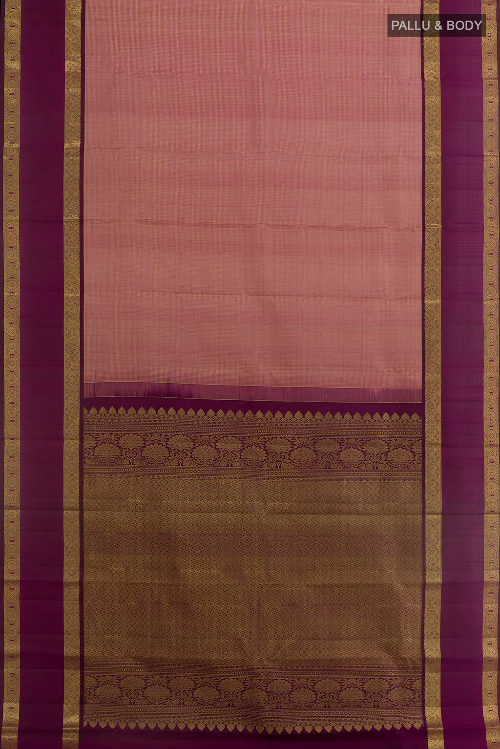 Flat view of Pink Kanchipuram Silk Saree with Stripes on the body and Zari Border. 