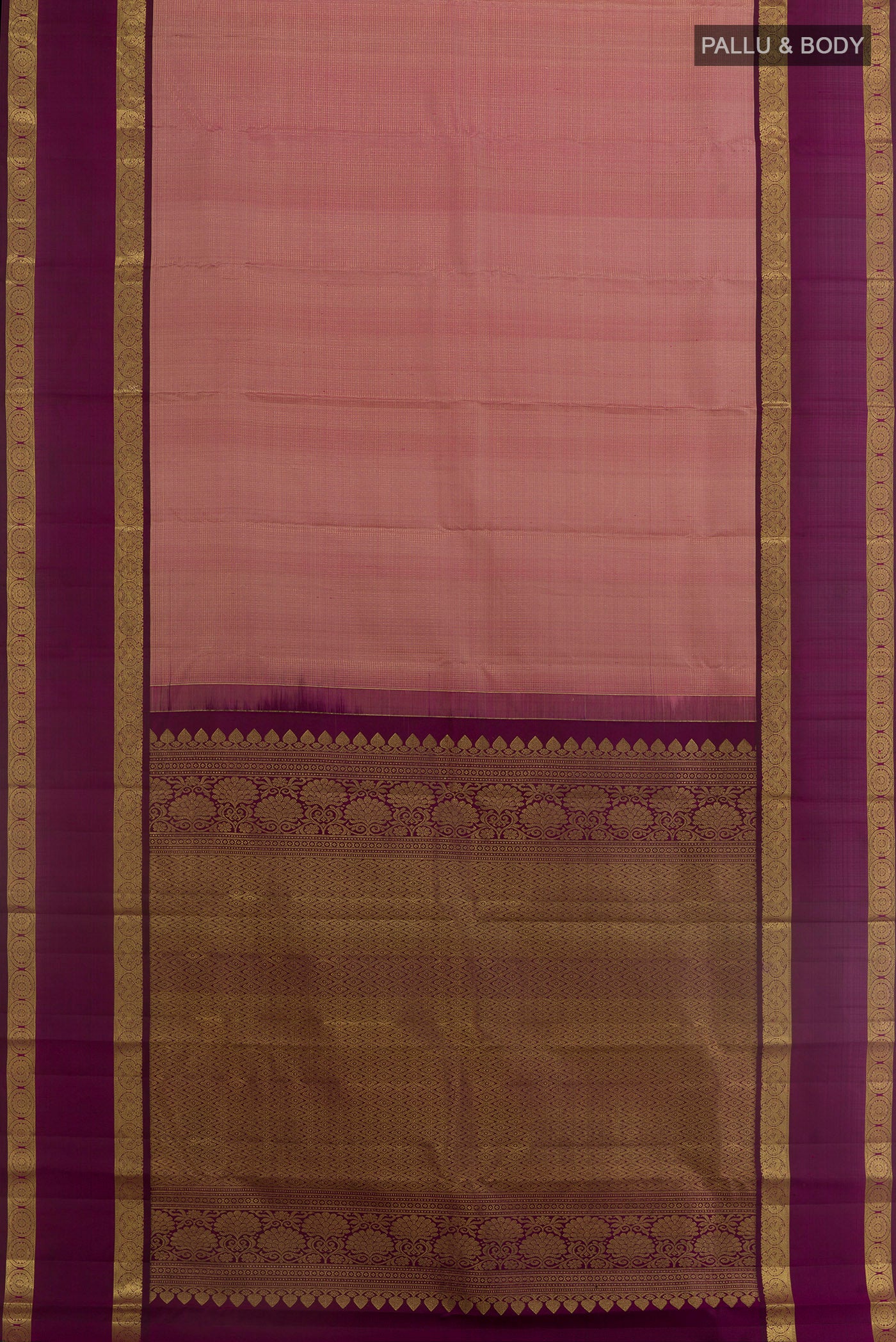 Flat view of Pink Kanchipuram Silk Saree with Stripes on the body and Zari Border. 