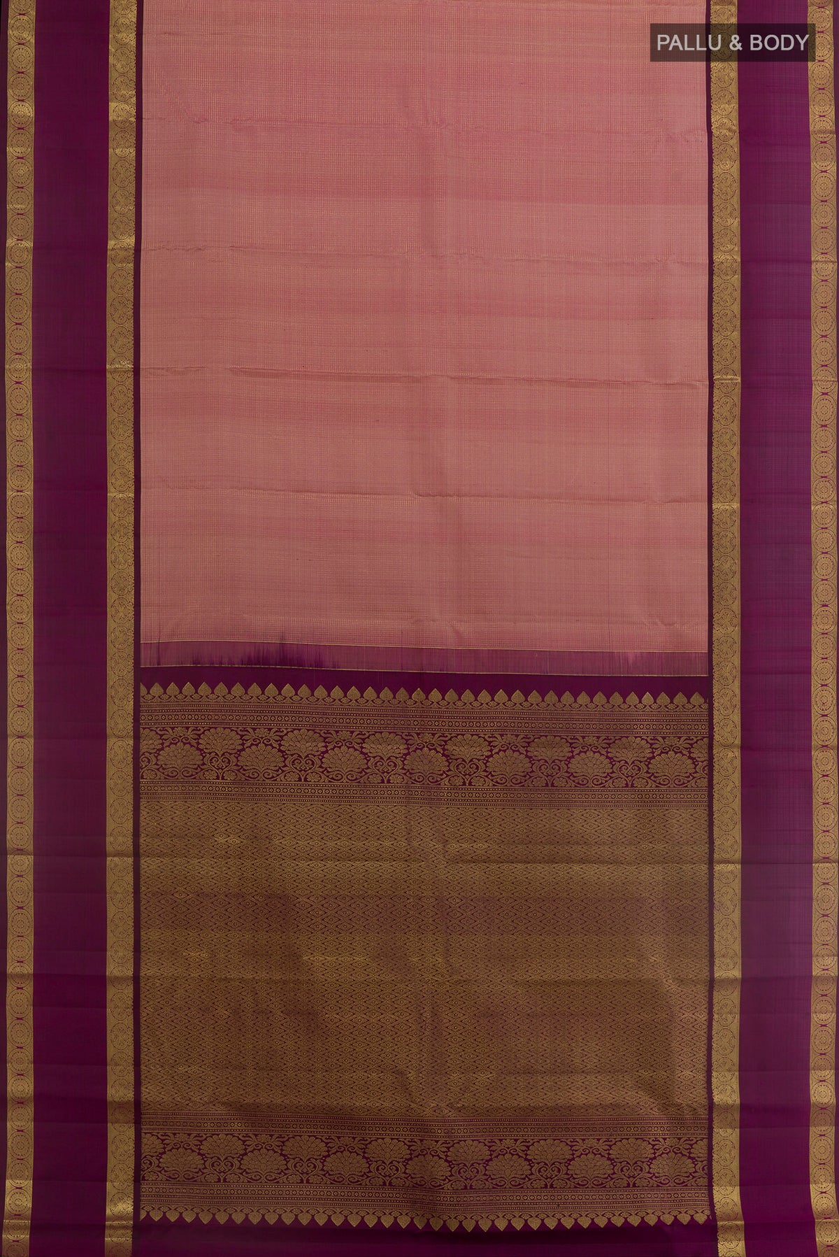Flat view of Pink Kanchipuram Silk Saree with Stripes on the body and Zari Border. 