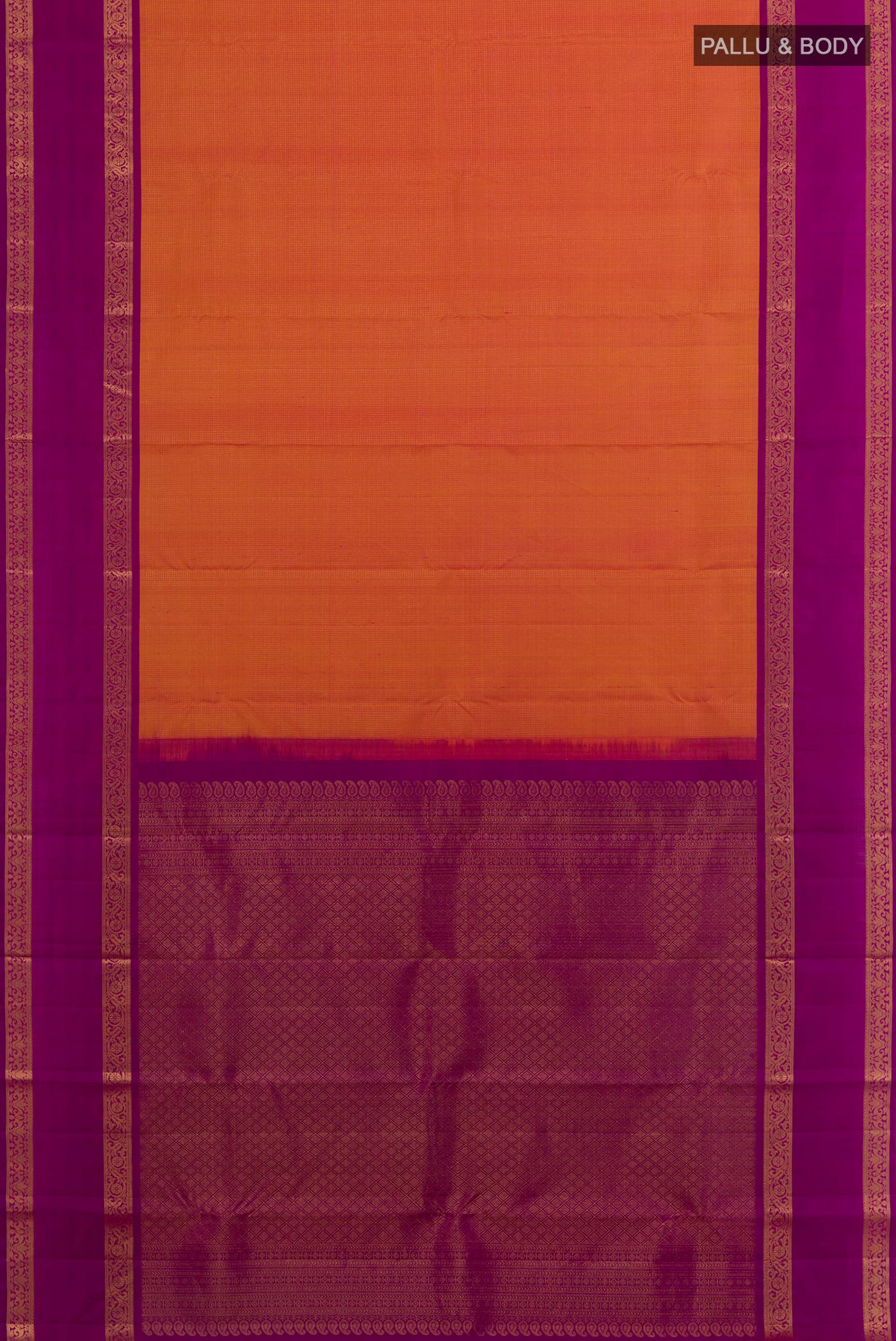 Flat view of Peach Kanchipuram Silk Saree with Stripes on the body and Zari Border. 