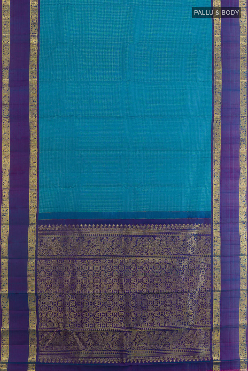 Flat view of Blue Kanchipuram Silk Saree with Checked design on the body and Zari Border. 