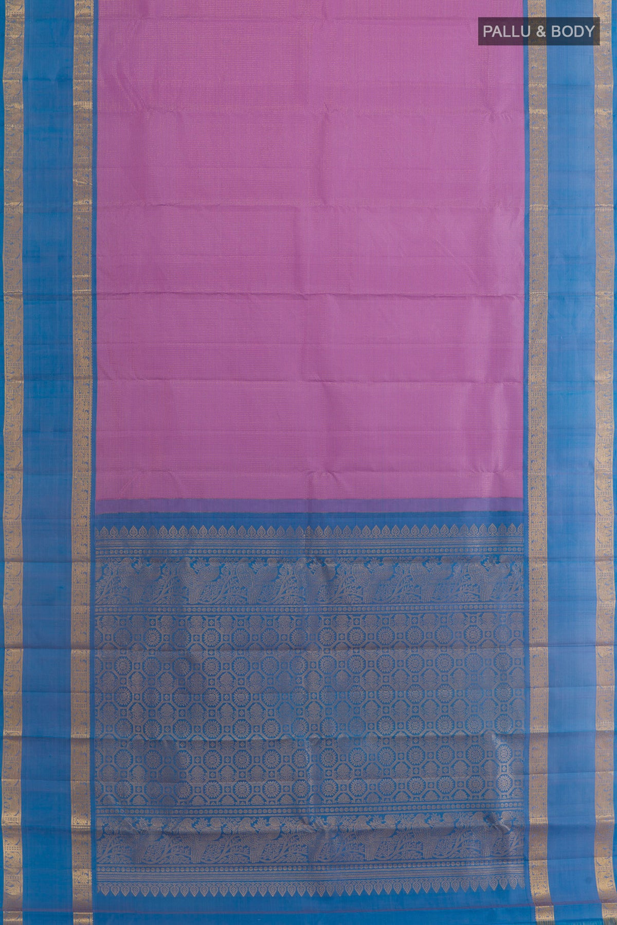 Flat view of Lavender Kanchipuram Silk Saree with Checked design on the body and Zari Border. 
