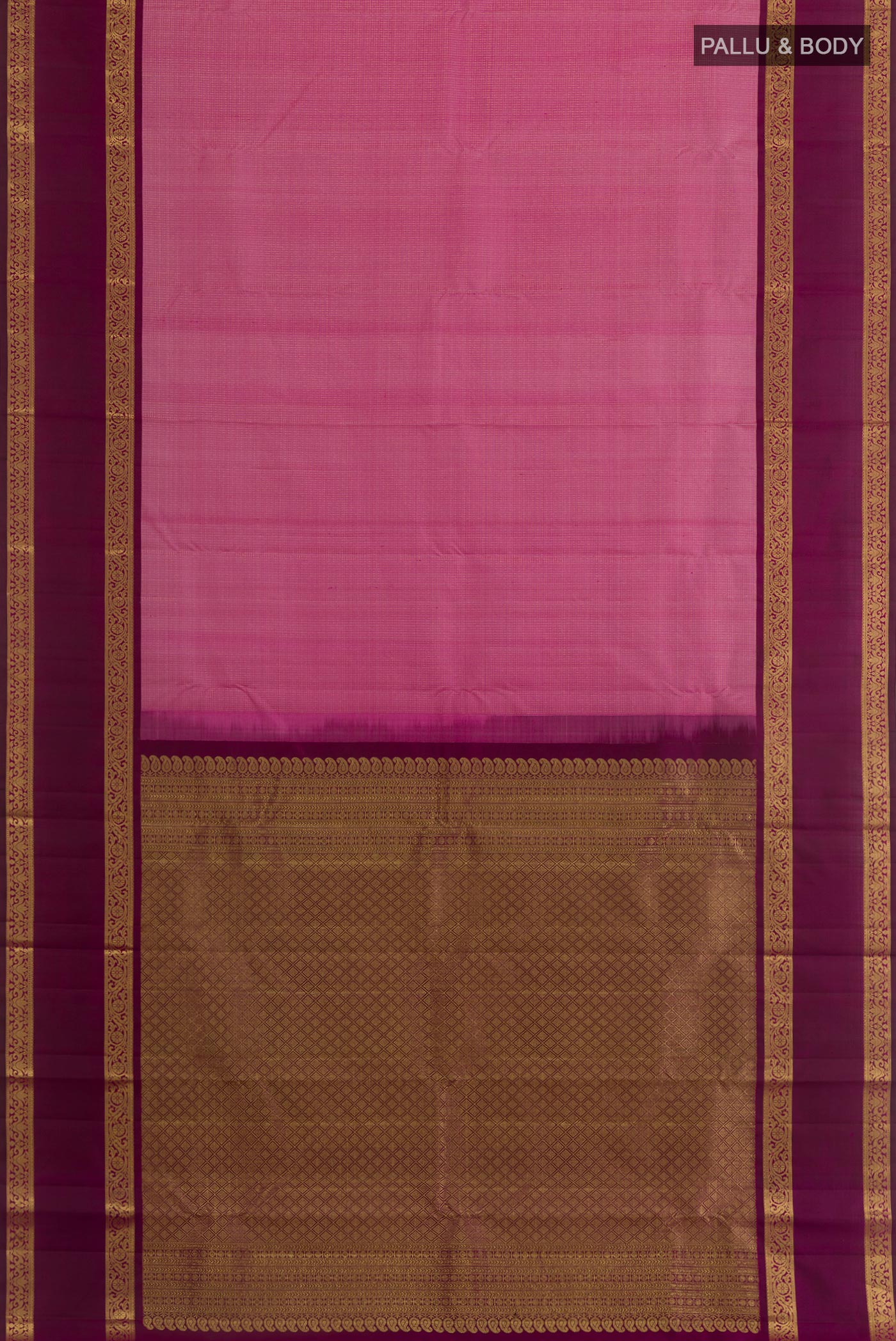 Flat view of Pink Kanchipuram Silk Saree with Checked design on the body and Zari Border. 