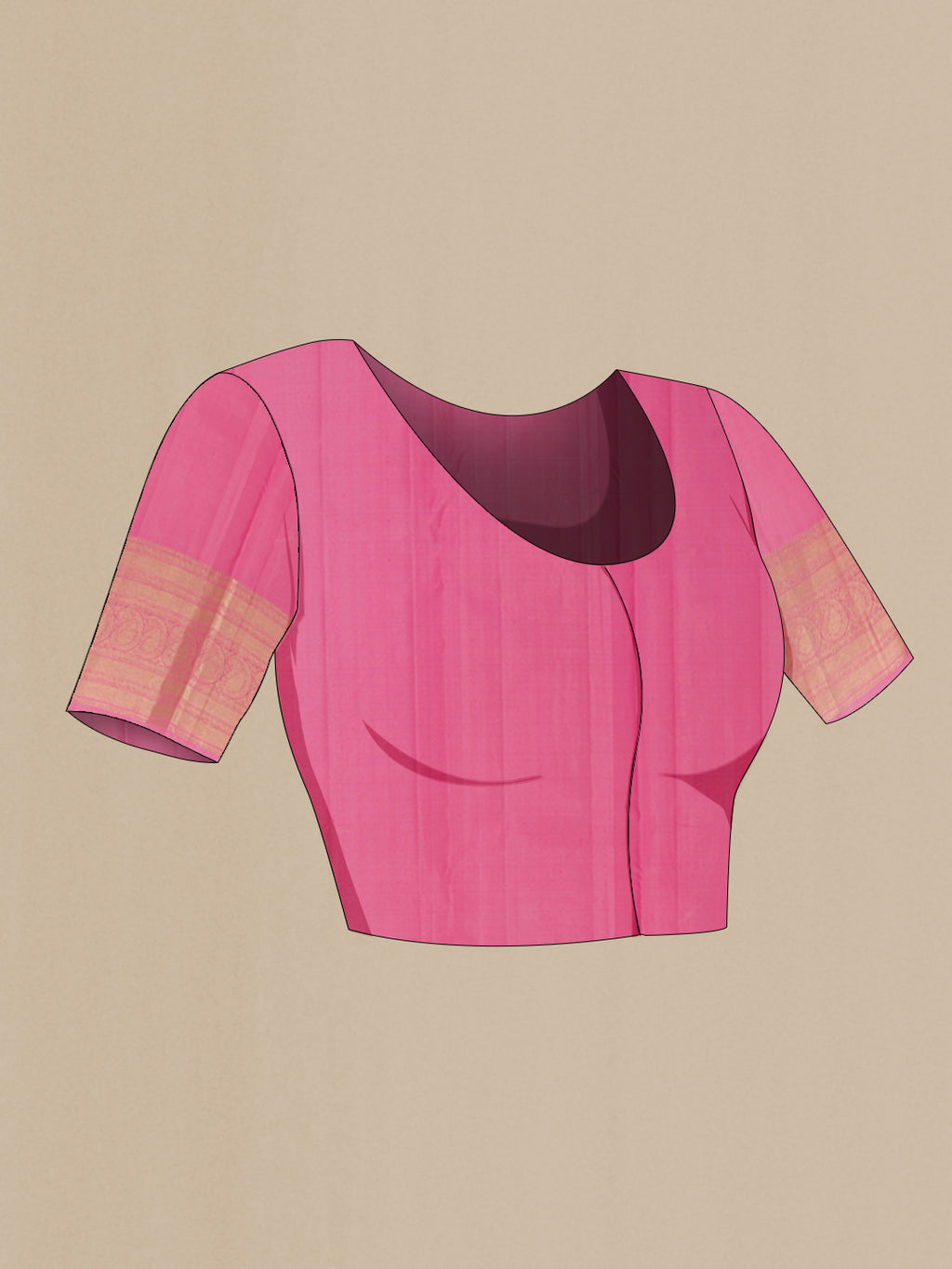 Close up image of the blouse of Rose pink Kanjivaram Silk Saree with Zari Butta on the body and Zari Border. 