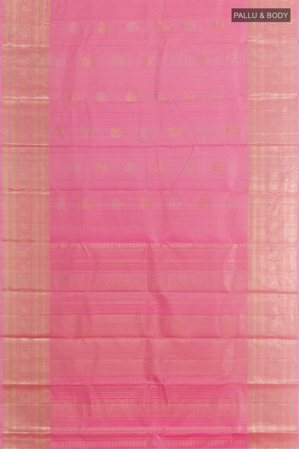 Flat view of Rose pink Kanjivaram Silk Saree with Zari Butta on the body and Zari Border. 