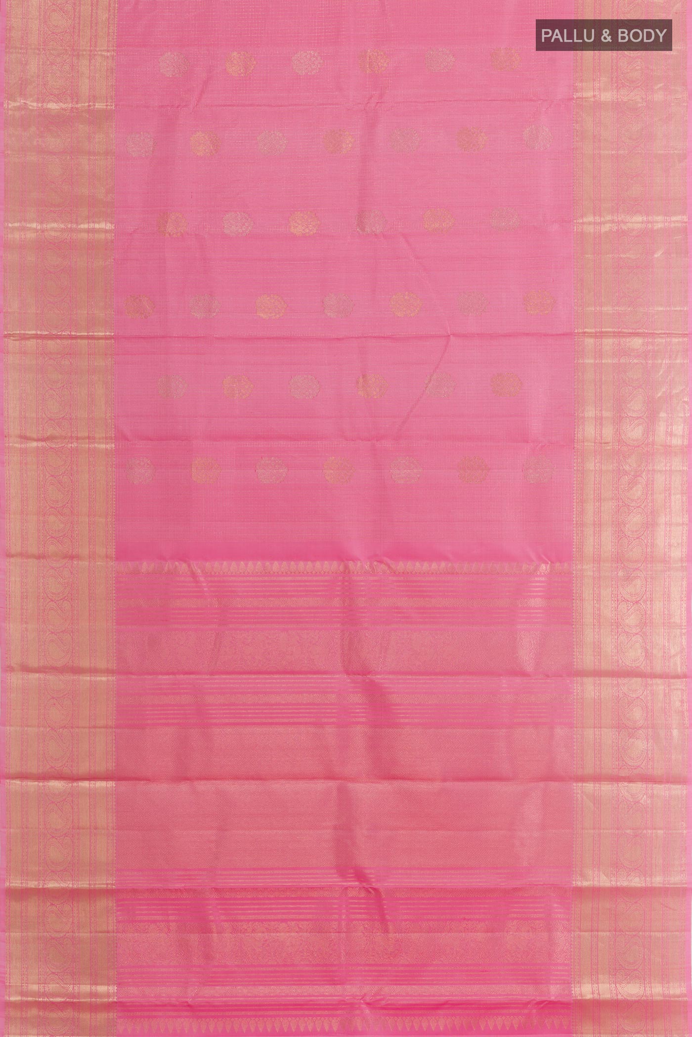 Flat view of Rose pink Kanjivaram Silk Saree with Zari Butta on the body and Zari Border. 