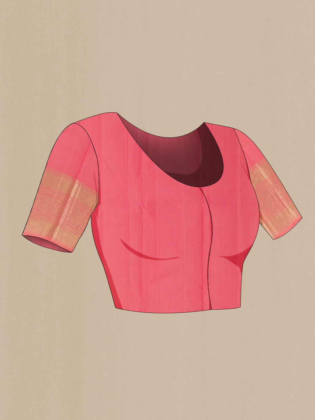 Close up image of the blouse of Rose pink Kanjivaram Silk Saree with Checked design on the body and Zari Border. 