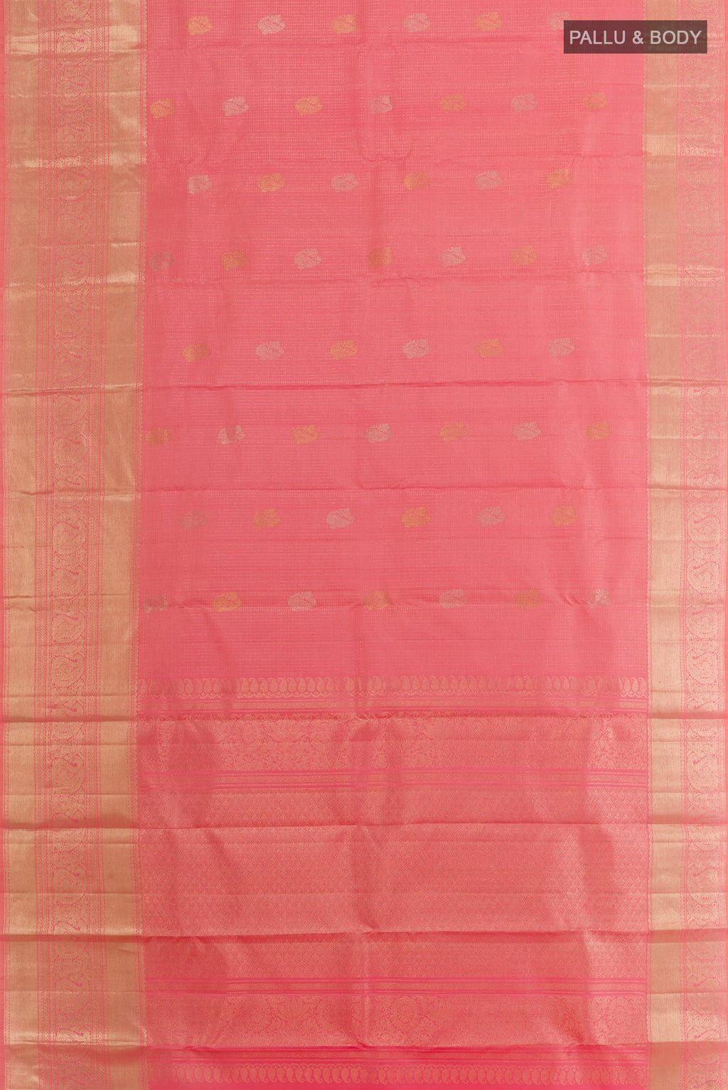 Flat view of Rose pink Kanjivaram Silk Saree with Checked design on the body and Zari Border. 