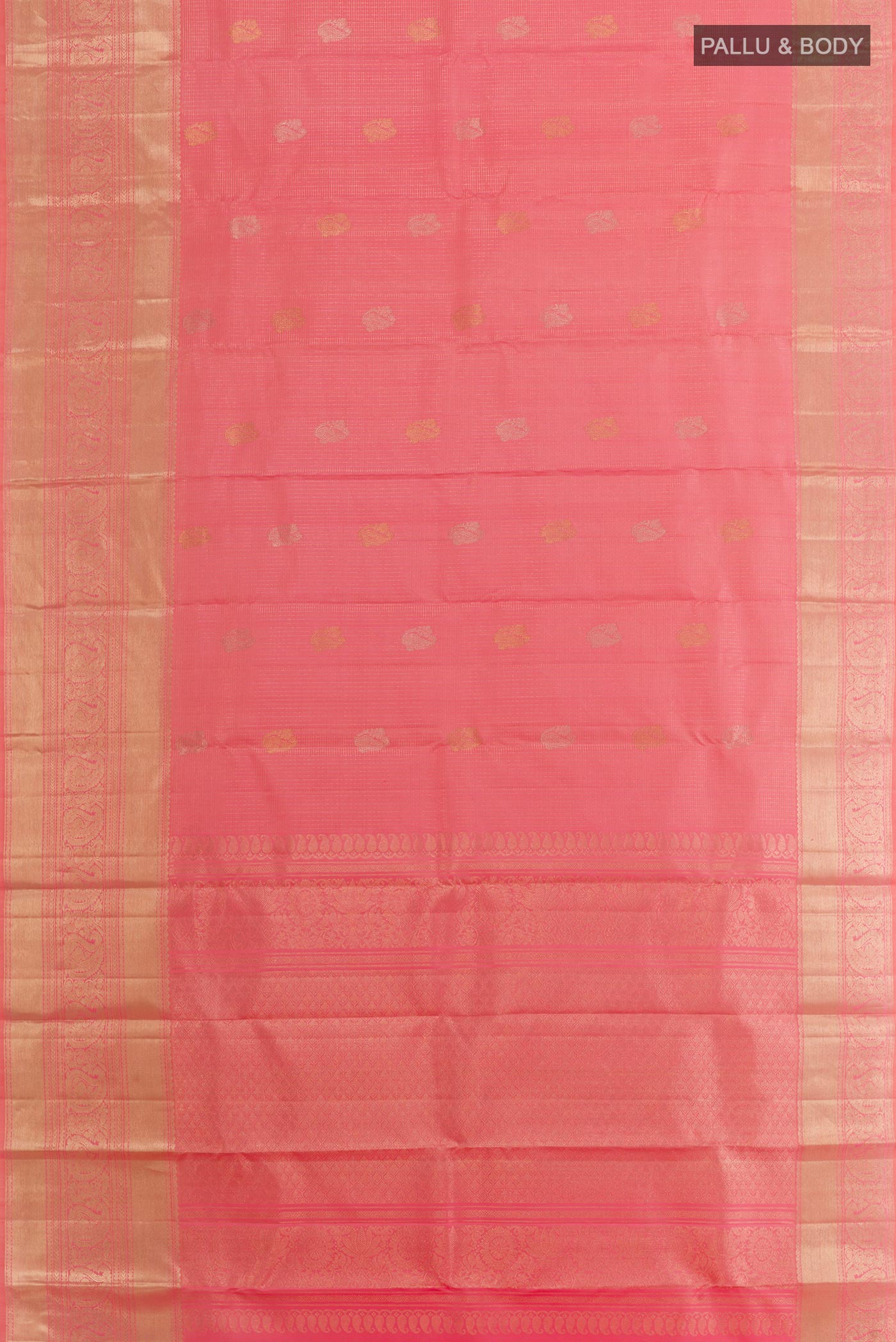 Flat view of Rose pink Kanjivaram Silk Saree with Checked design on the body and Zari Border. 