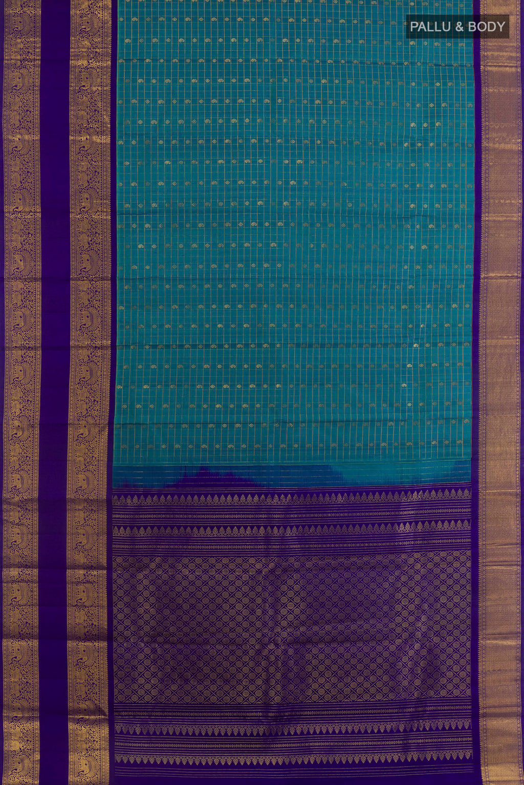 Flat view of Peacock Blue Kanjivaram Silk Saree with Checked design on the body and Zari Border. 