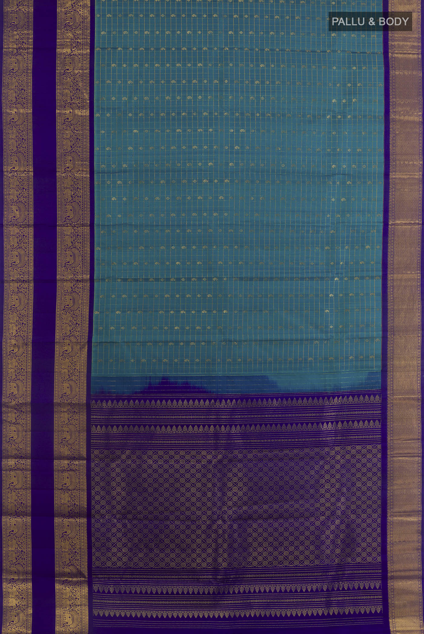 Flat view of Peacock Blue Kanjivaram Silk Saree with Checked design on the body and Zari Border. 
