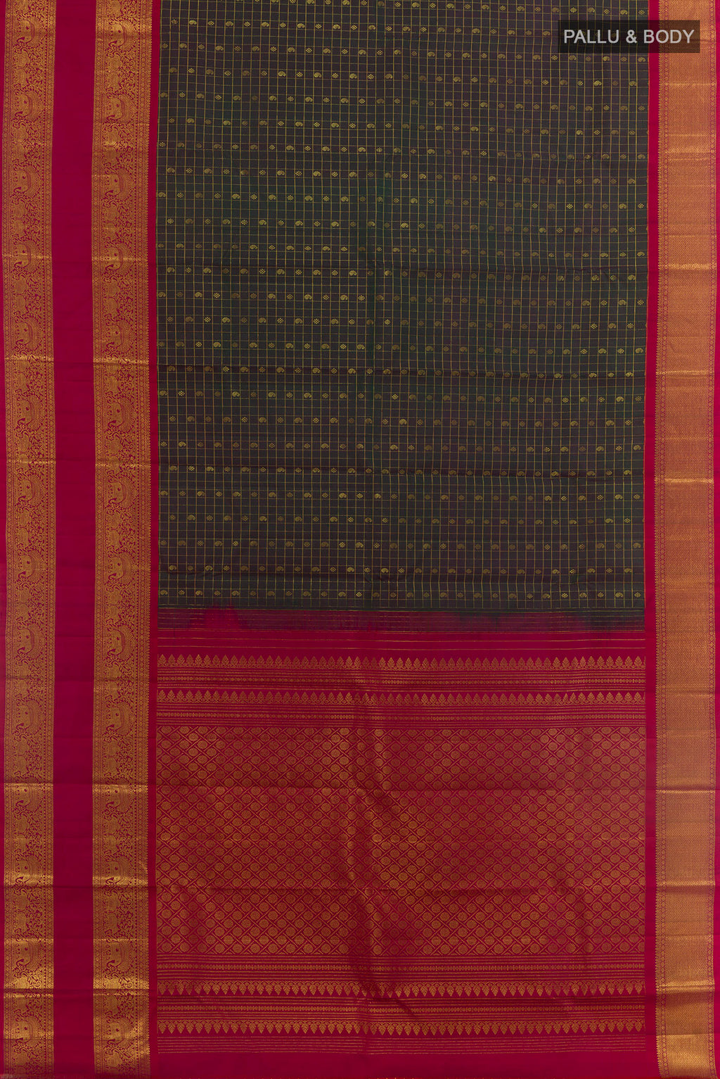 Flat view of Green Kanjivaram Silk Saree with Checked design on the body and Zari Border. 