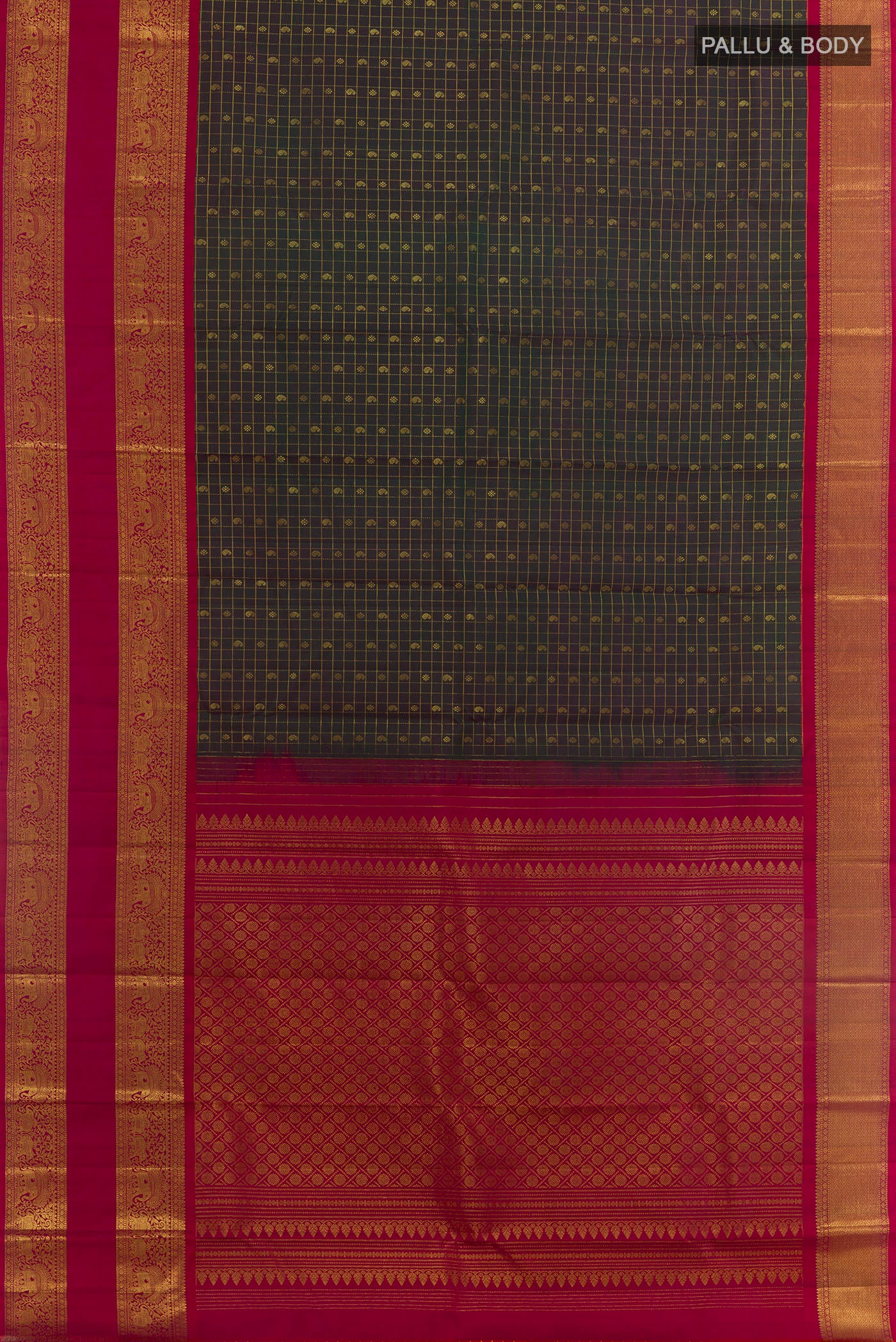 Flat view of Green Kanjivaram Silk Saree with Checked design on the body and Zari Border. 