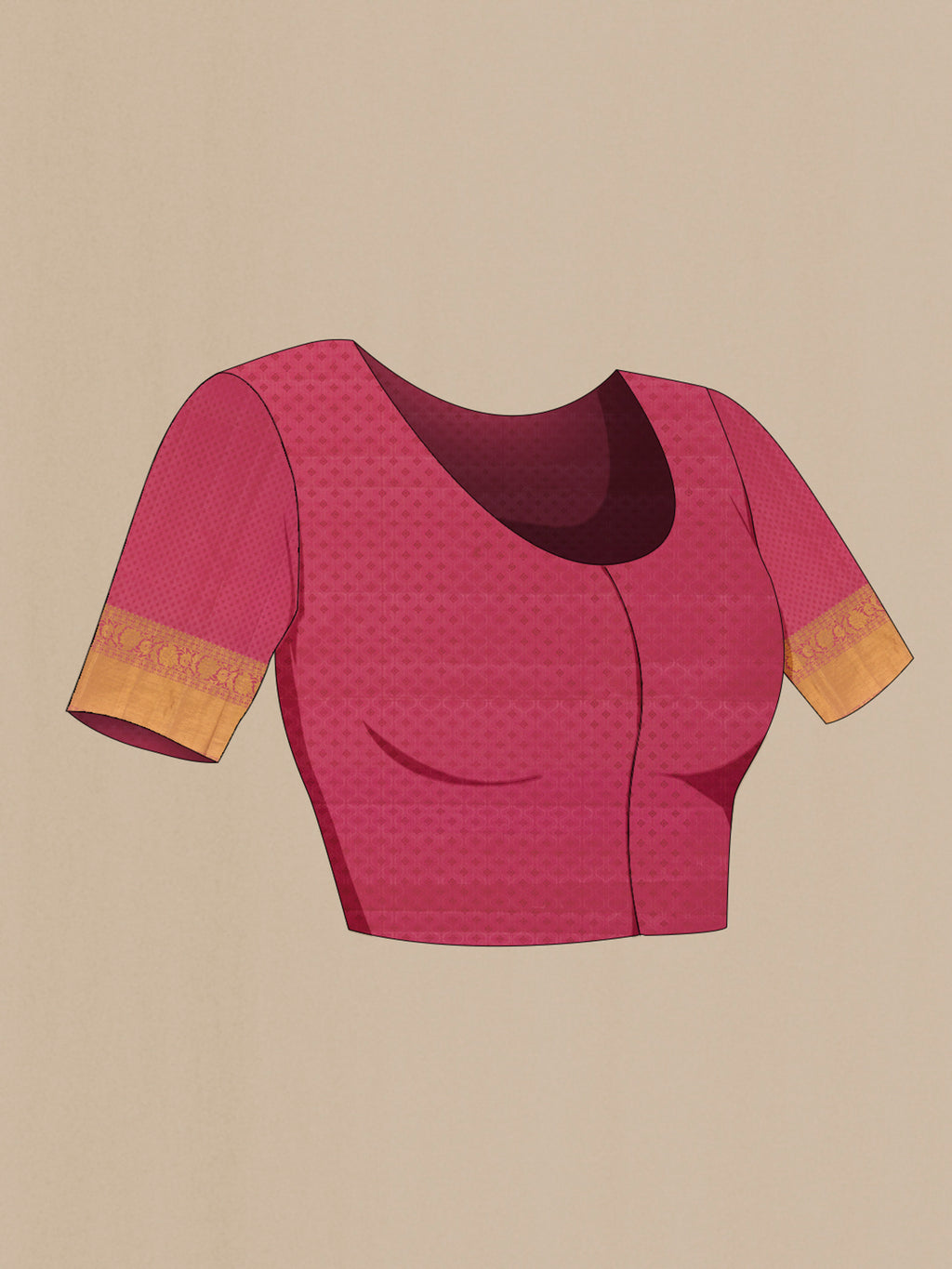 Close up image of the blouse of Pink Kanjivaram Silk Saree with Zari Brocade on the body and Zari Border. 