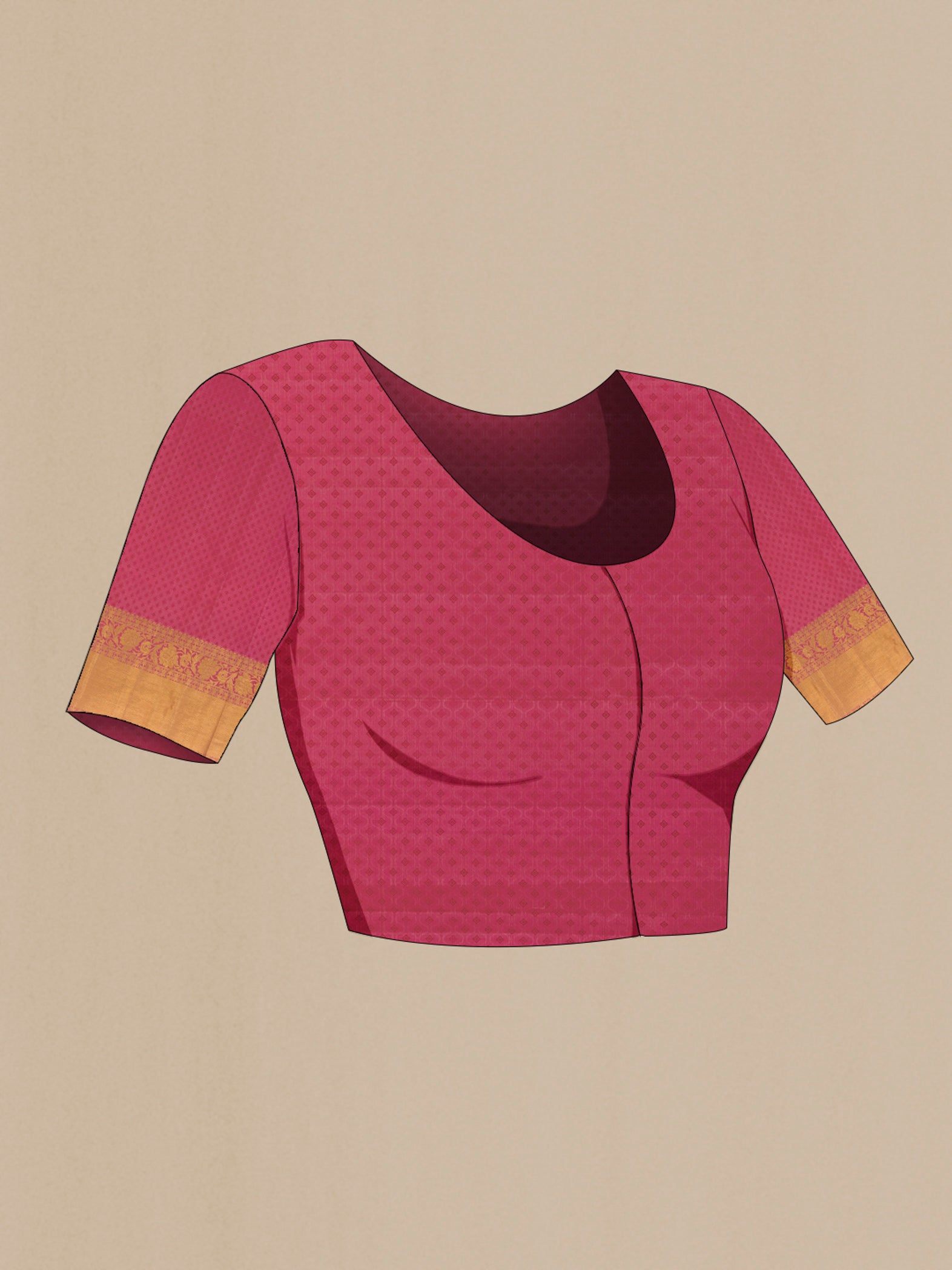 Close up image of the blouse of Pink Kanjivaram Silk Saree with Zari Brocade on the body and Zari Border. 