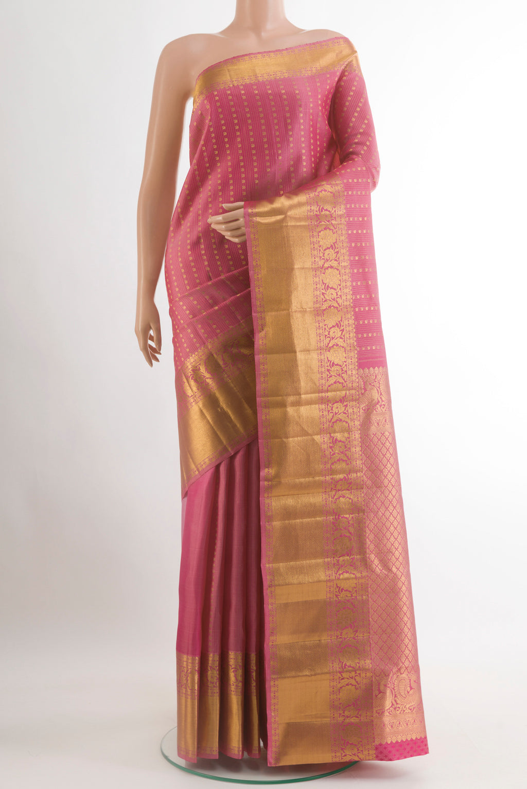 Pink Kanjivaram Silk Saree with Zari Brocade on the body and Zari Border.  displayed on a mannequin