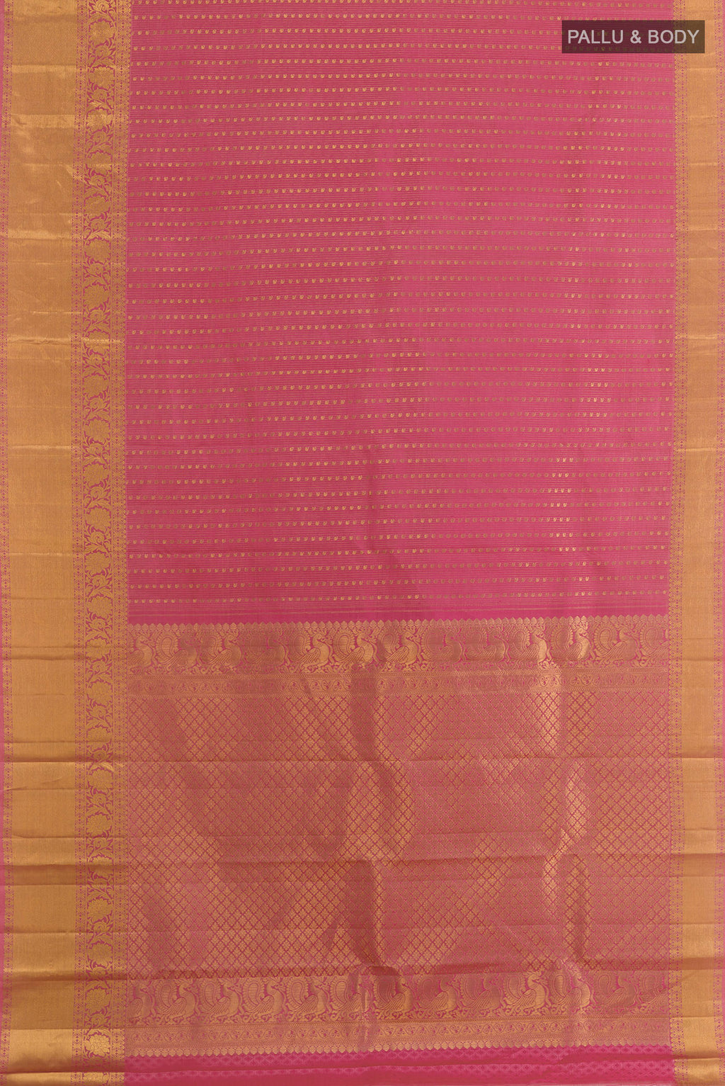 Flat view of Pink Kanjivaram Silk Saree with Zari Brocade on the body and Zari Border. 