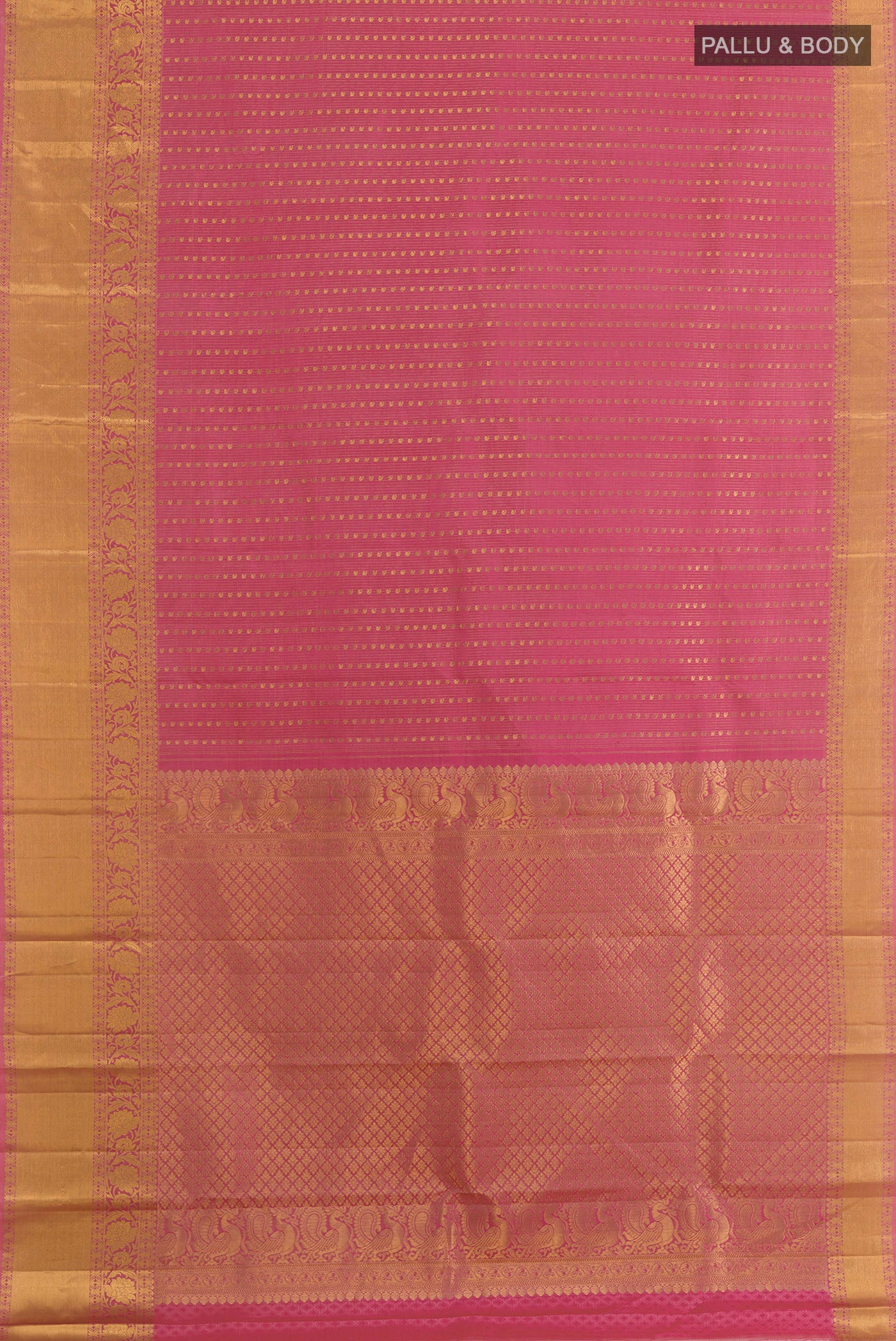 Flat view of Pink Kanjivaram Silk Saree with Zari Brocade on the body and Zari Border. 