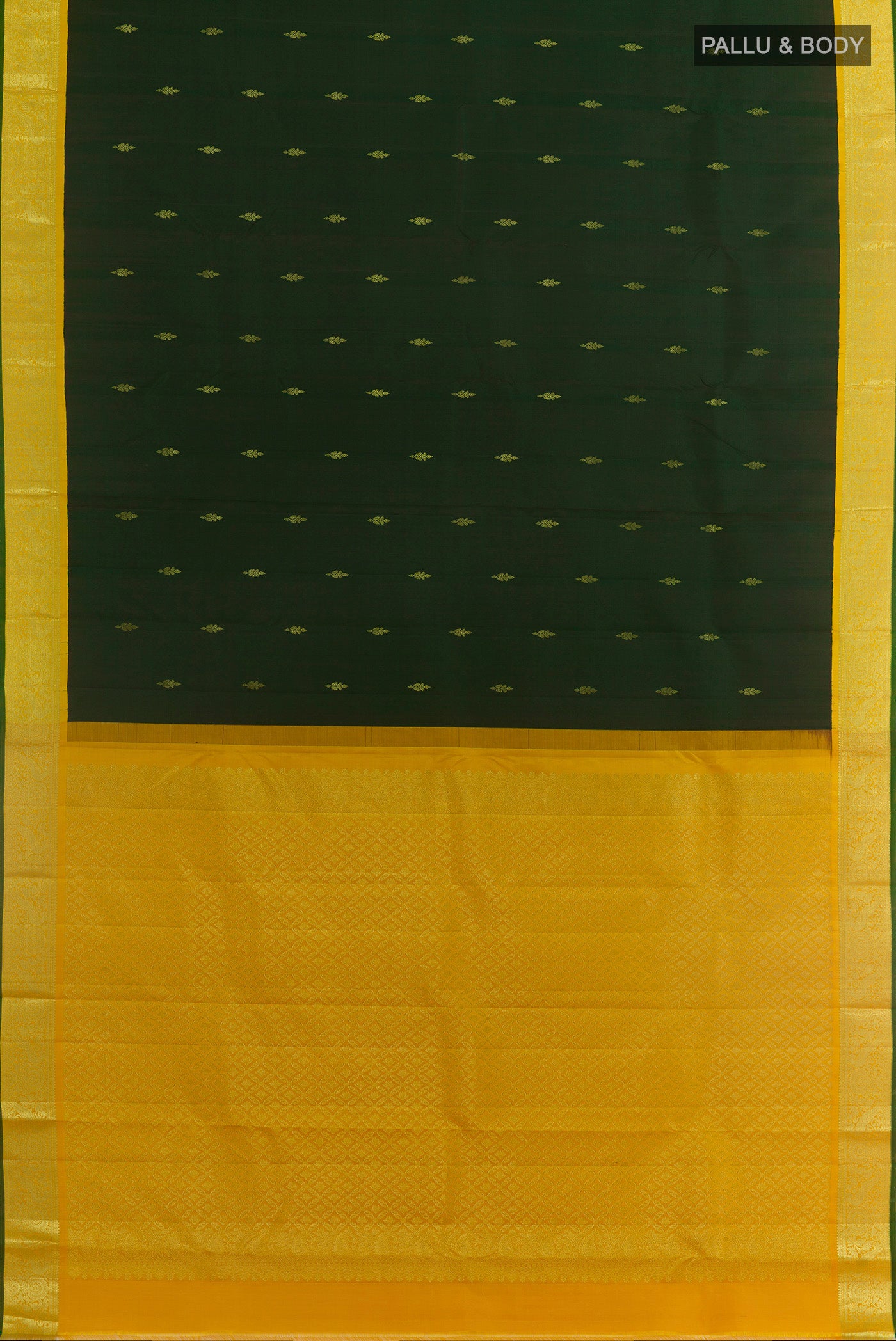 Flat view of Bottle Green Kanjivaram Silk Saree with Zari Butta on the body and Zari Border. 